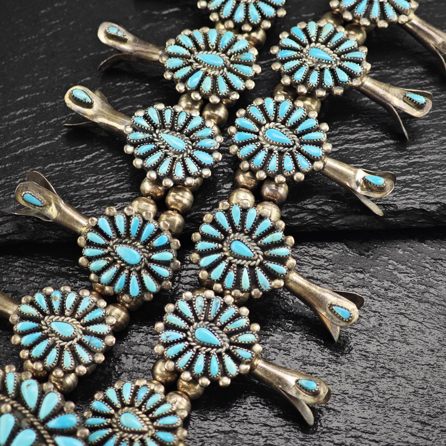Vintage Navajo, Turquoise Floral Sterling Silver Squash Blossom Necklace