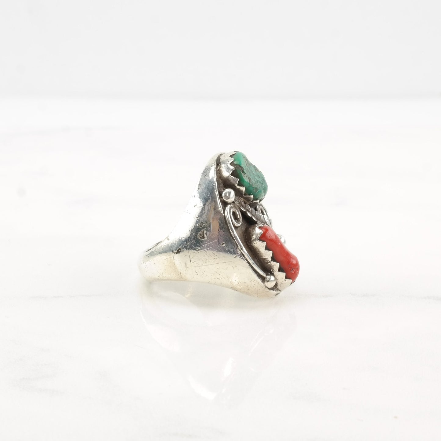 Native American Silver Ring Turquoise Coral Leaf Sterling Size 9 1/2