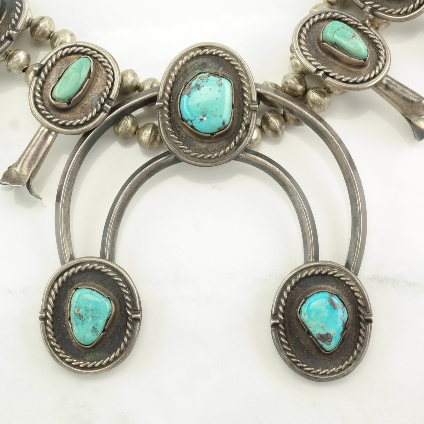 Native American Sterling Silver Blue Turquoise Squash Blossom Necklace