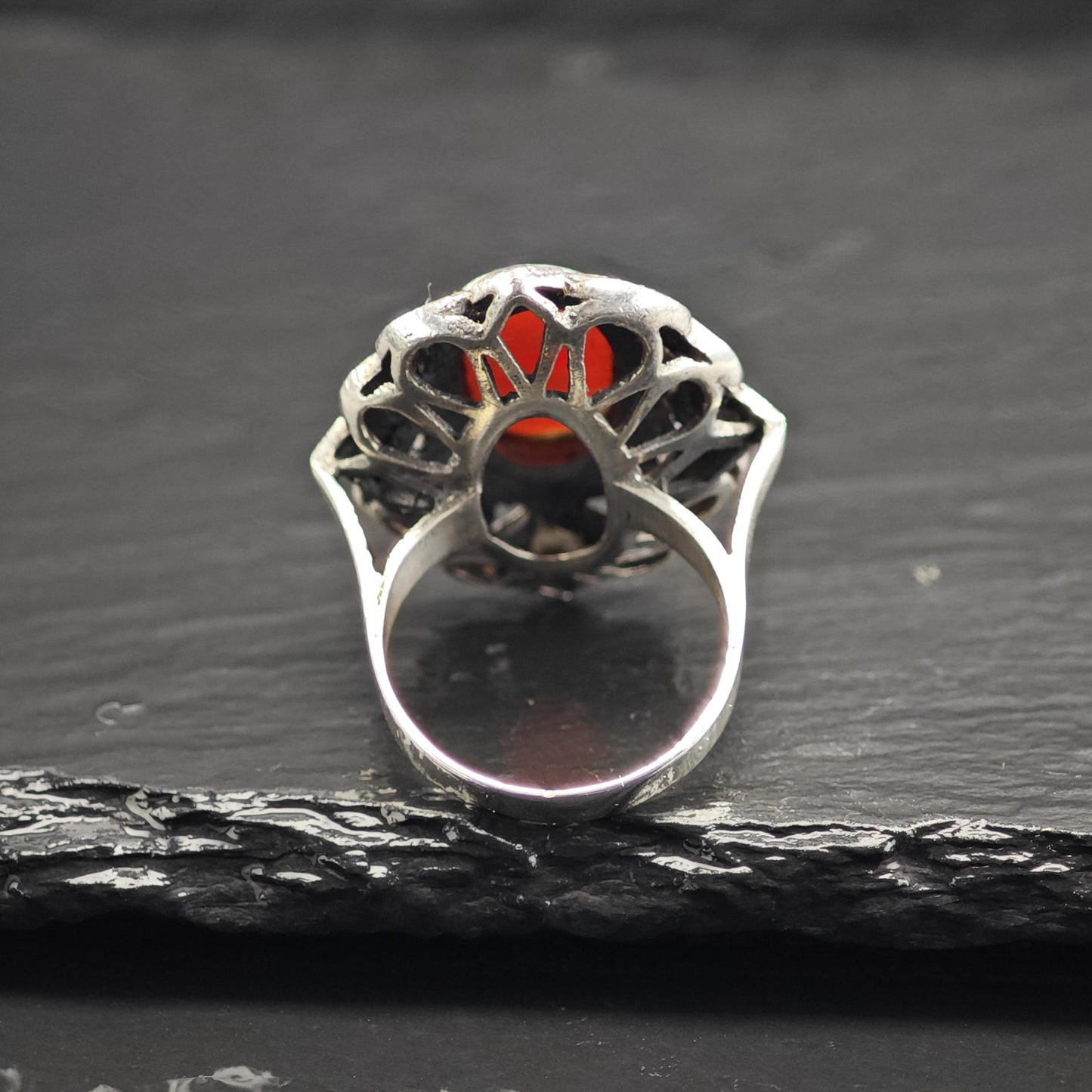 Large Art Deco Style Carnelian Cabochon Sterling Silver Ring Sz 9 1/4 R6706
