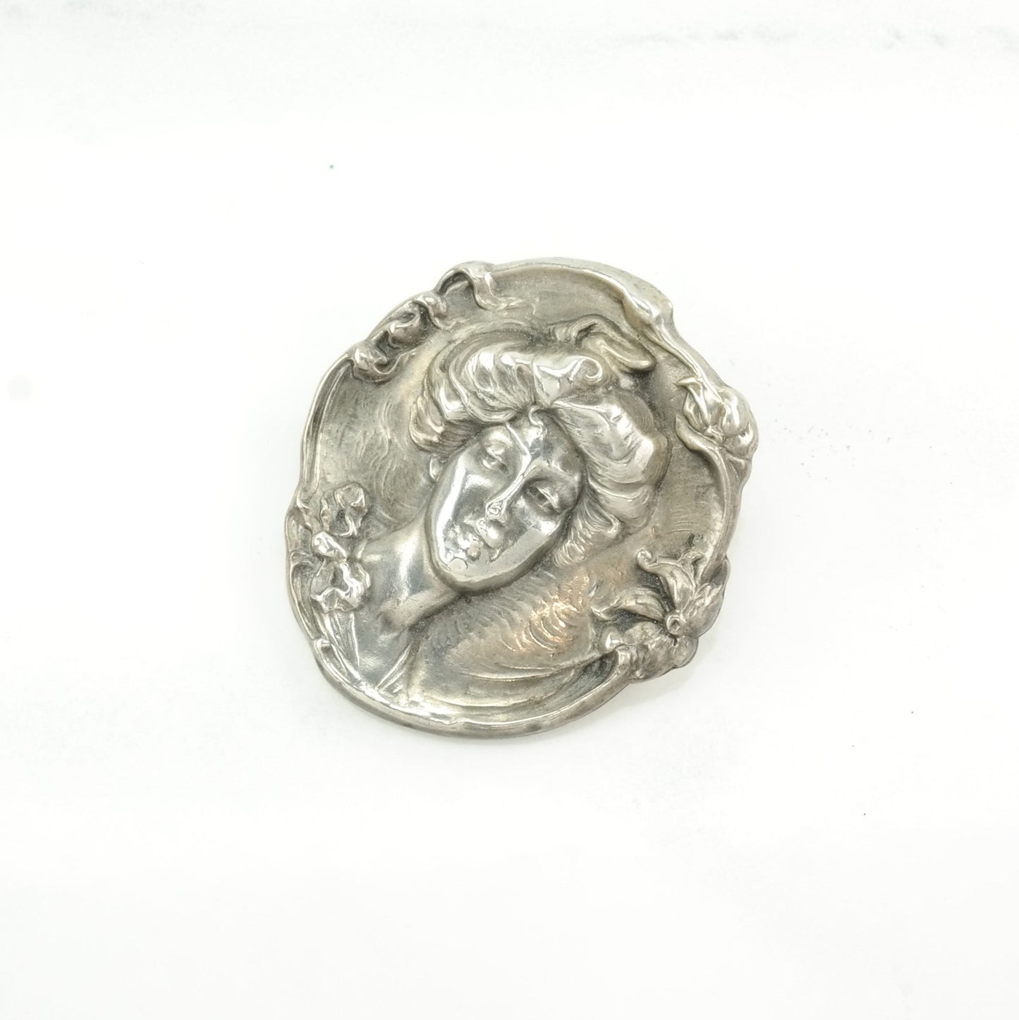 Art Nouveau Sterling Silver Brooch Female, Muse