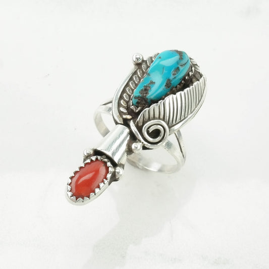 Native American Silver Ring Turquoise, Coral Leaf Sterling Blue, Red Size 7 3/4