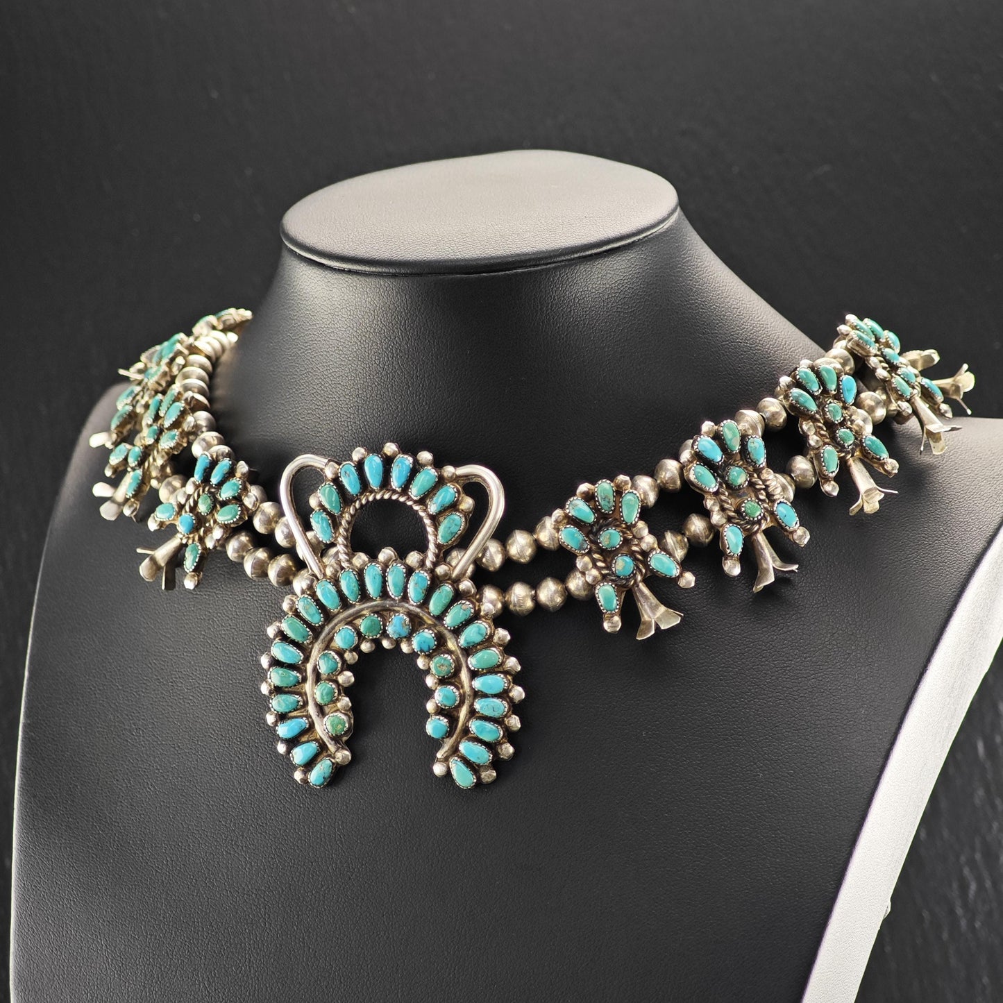 Vintage Zuni Sterling Silver Floral Squash Blossom Necklace with Blue Turquoise Cluster