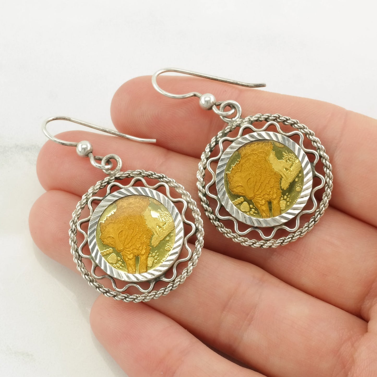 Sterling Silver Wolf Coin, Alaska, Gold Tone Earrings Fish hook