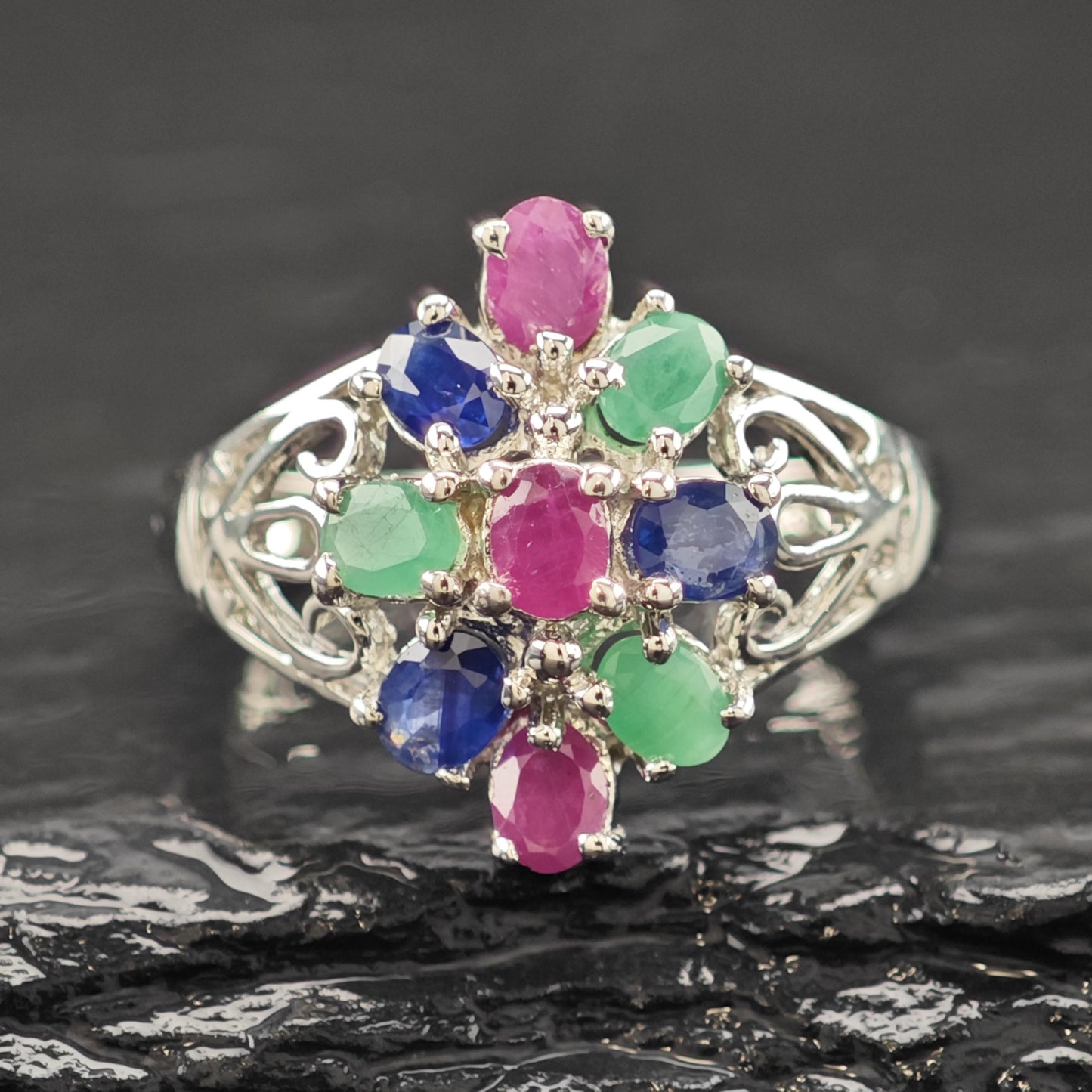 Sapphire Ruby Emerald Ring Sterling Silver Sz 6 3/4 R6210