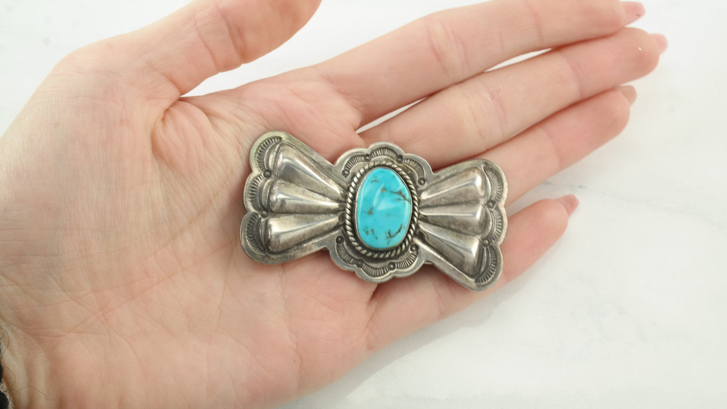 Fred Thompson Native American Sterling Silver Blue Turquoise Brooch Bow