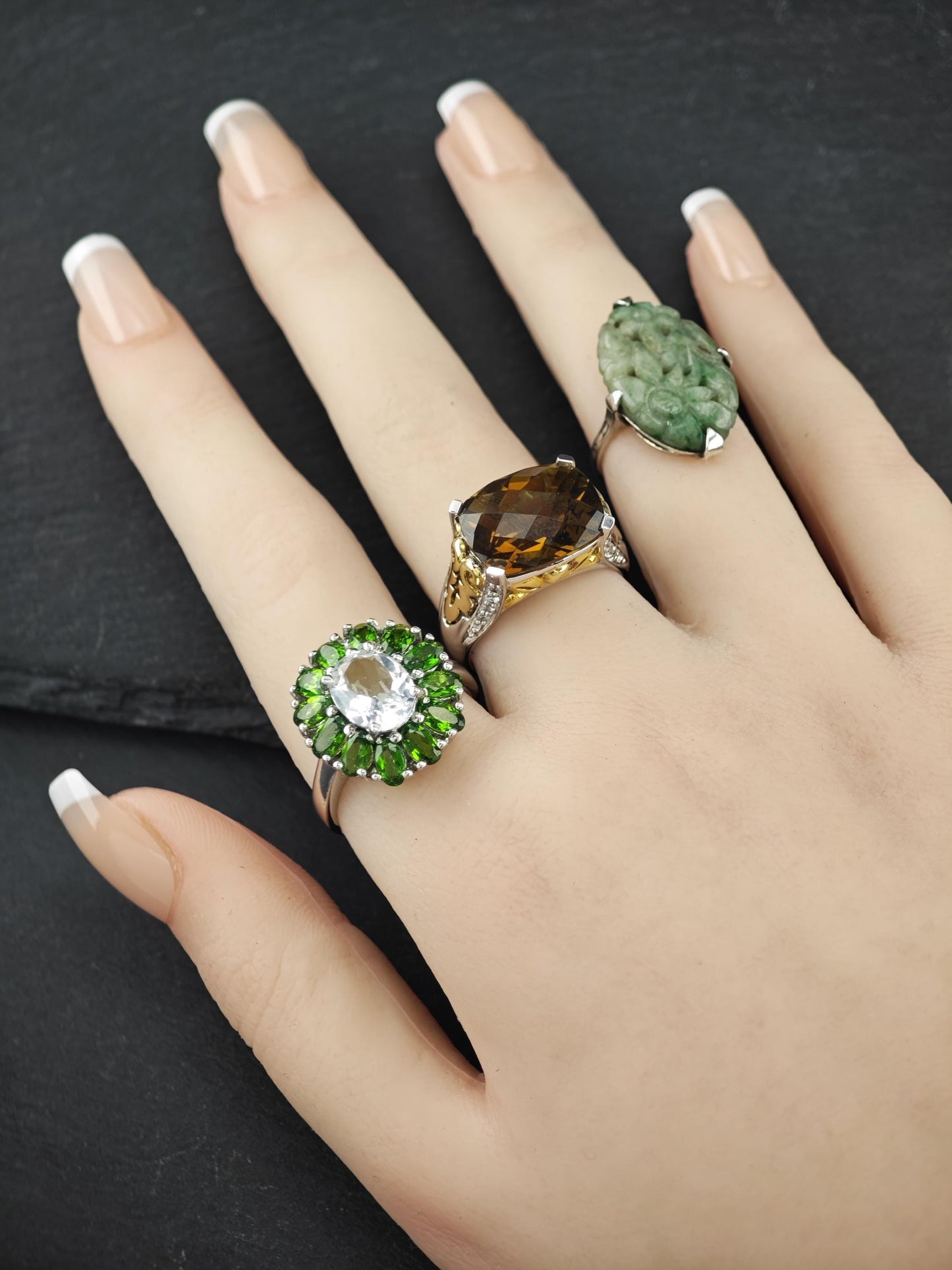 Carved Green Jadeite Jade, Floral Ring Sterling Silver