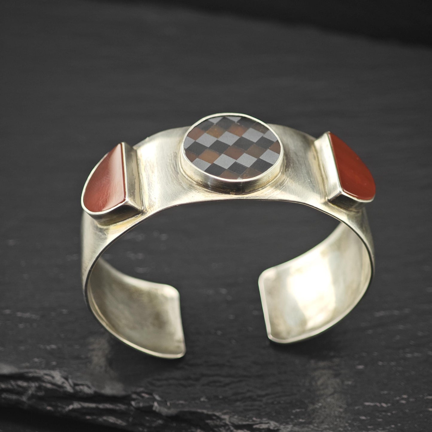 GFMW Mid Century Silver Cuff Bracelet Carnelian Checkered Sterling