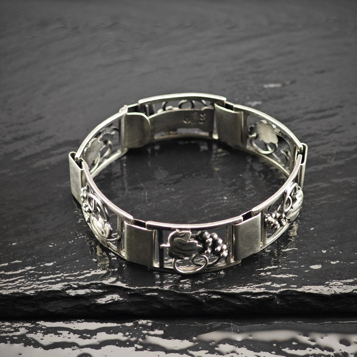 1970 Denmark Modernist Grape Vine Panel Link Bracelet Sterling Silver Sz 7" BR3172