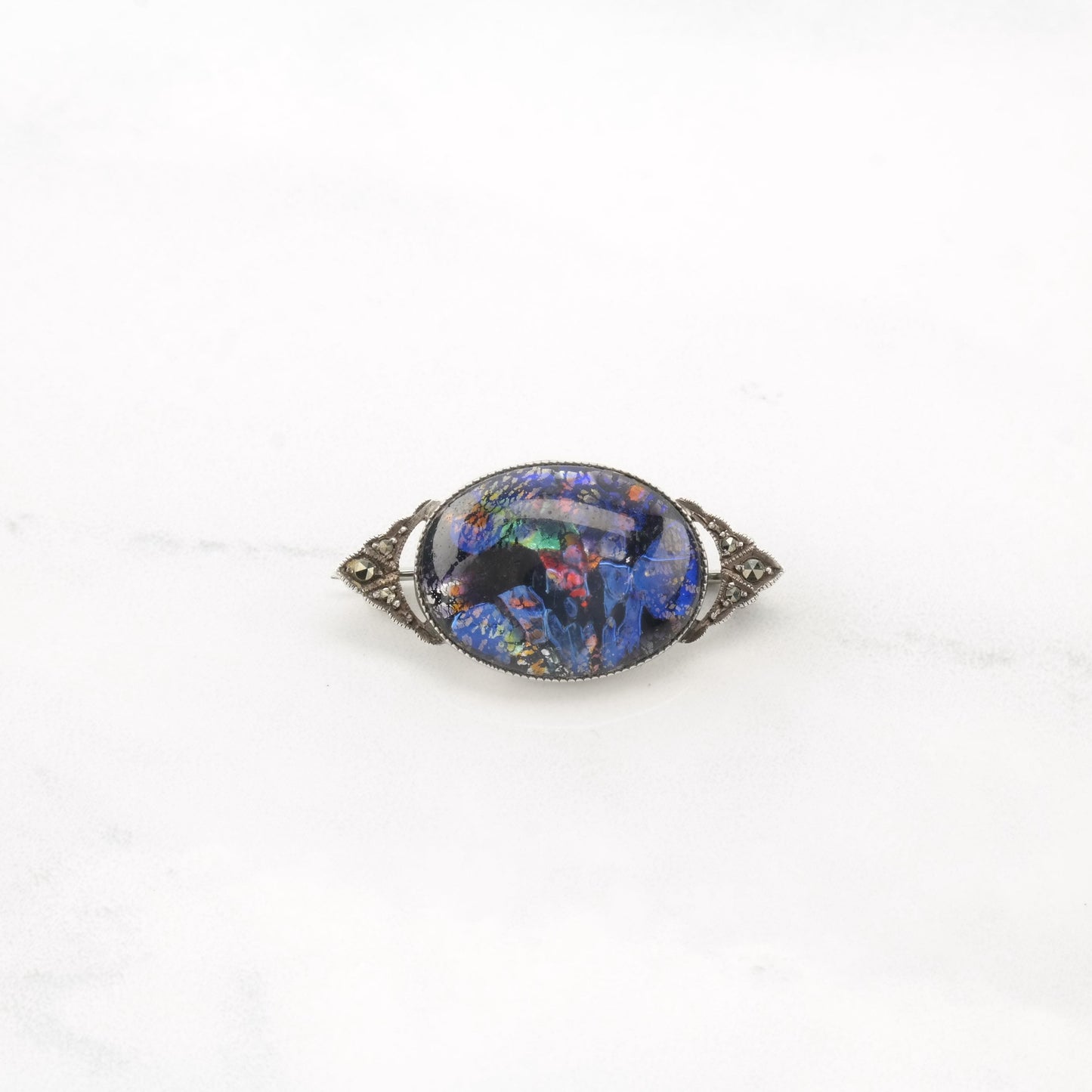 Art Deco Foiled Art Glass, Marcasite Sterling Silver Brooch Pendant B2005