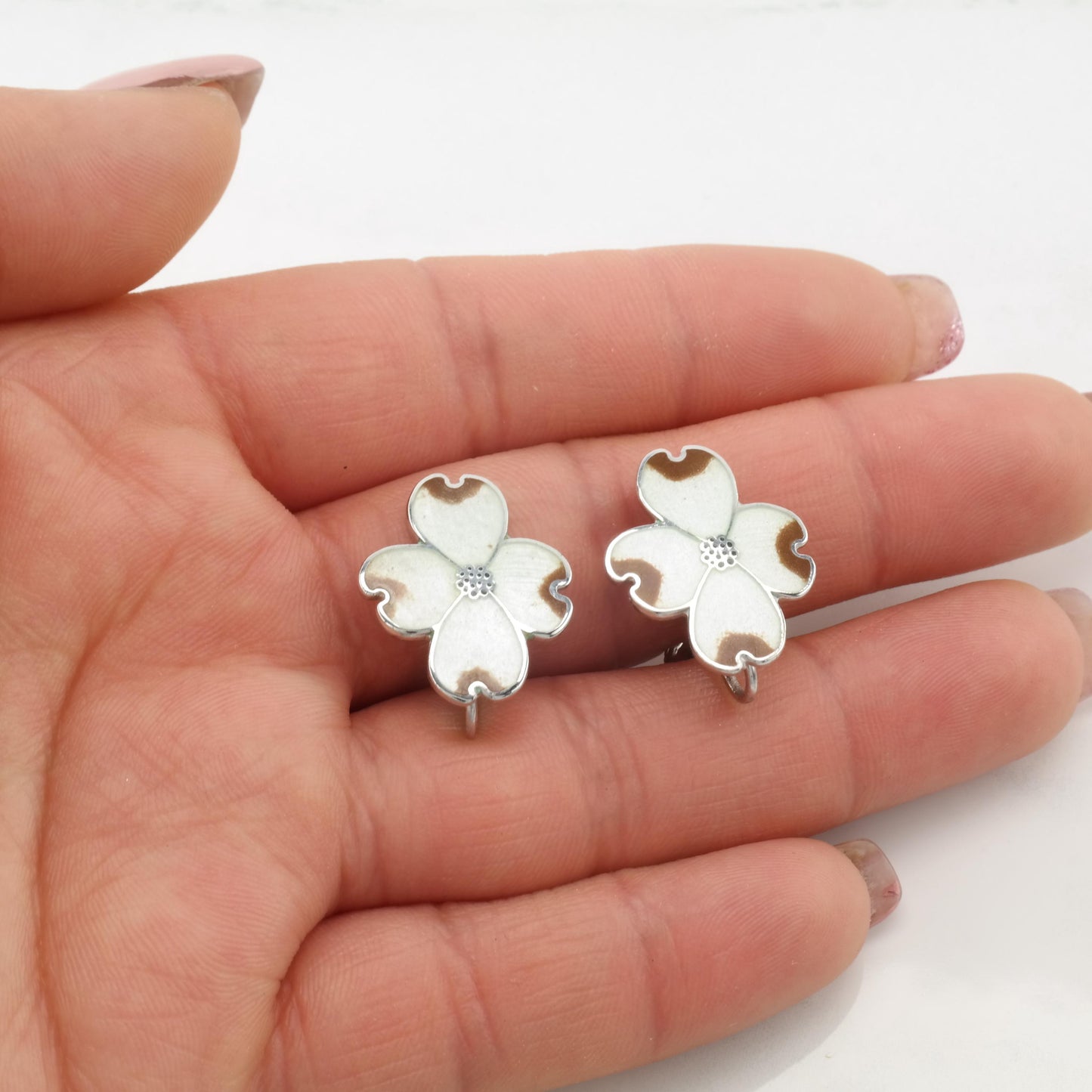 Vintage White, Brown Enamel Flower, Sterling Silver Screw Back Earrings