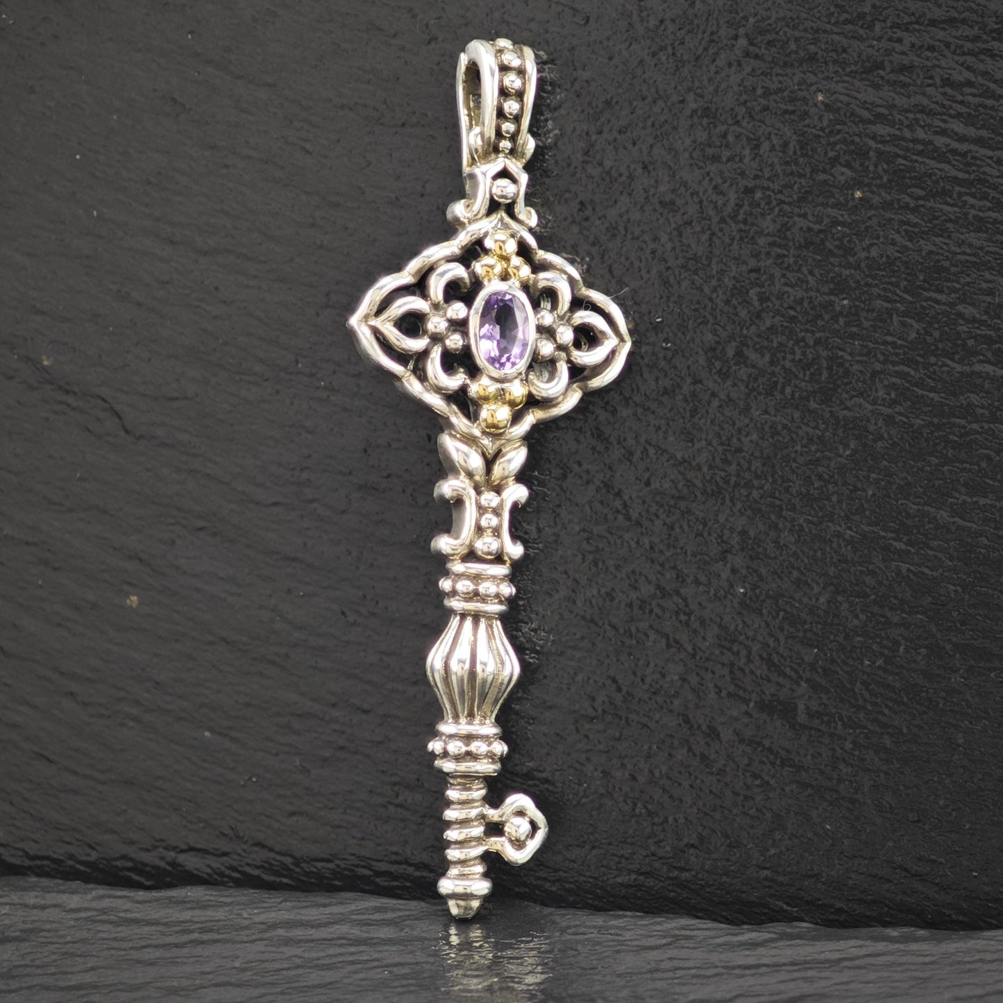 18K Gold Accent Amethyst Key Pendant Samuel Benham Sterling Silver