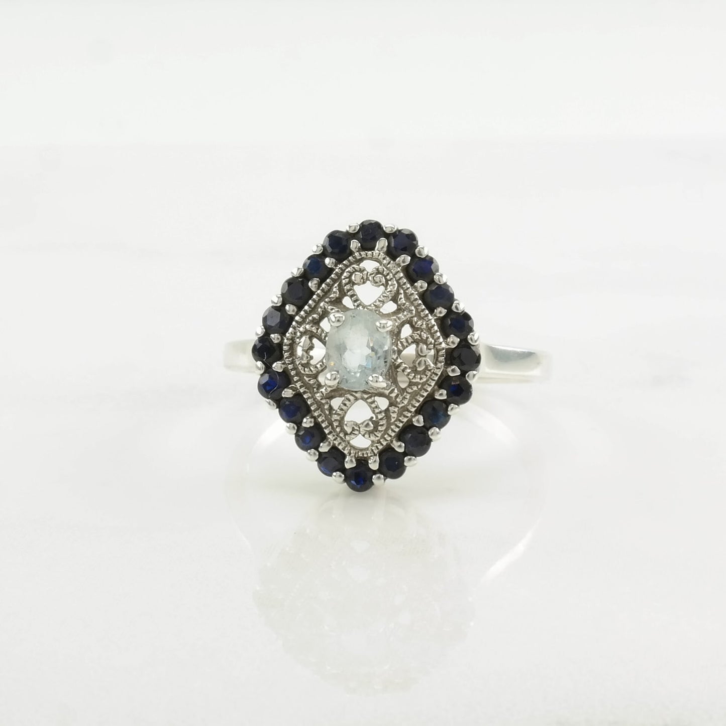 Sterling Silver Ring Aquamarine Sapphire, Filigree Dark Blue Size 10