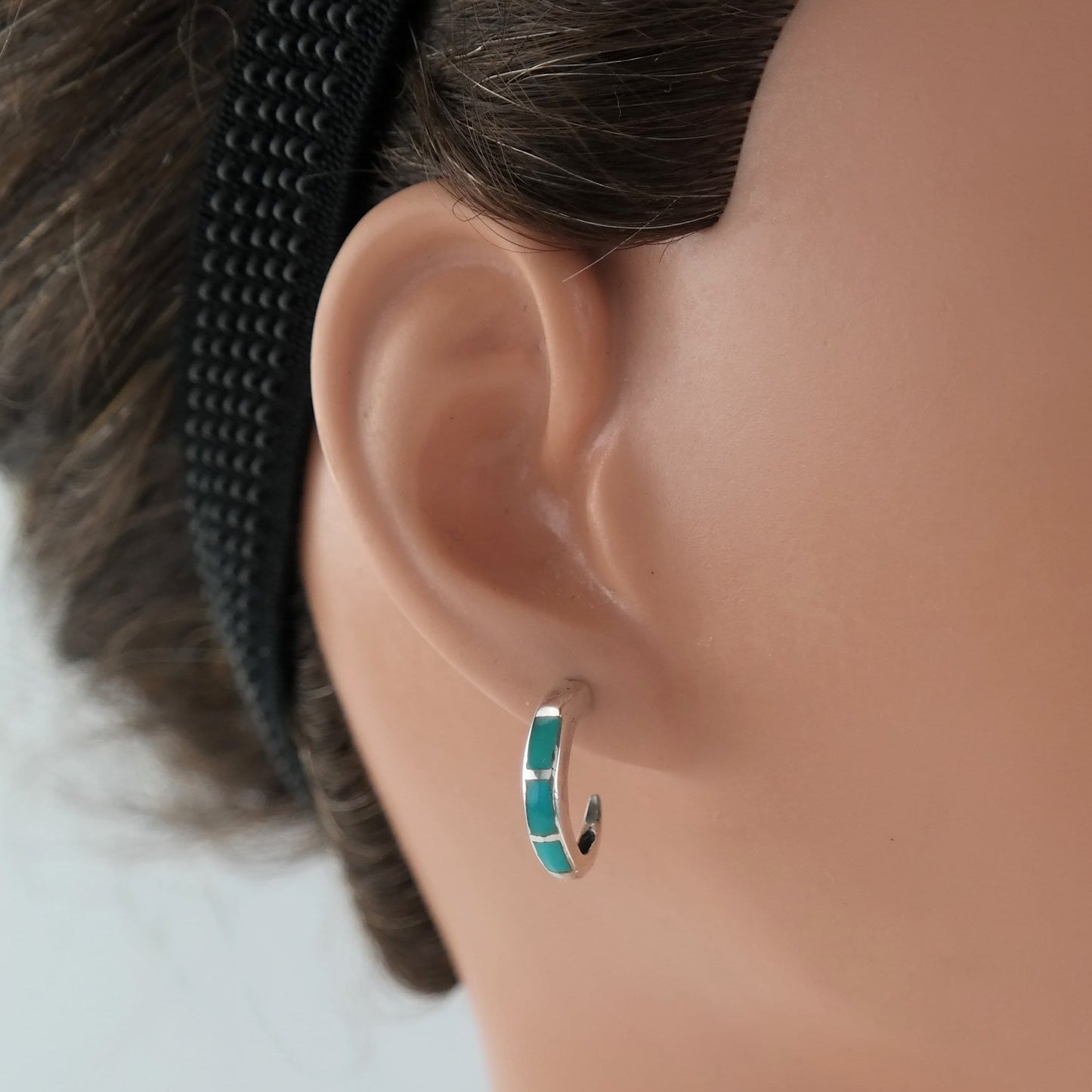 Southwest Sterling Silver Turquoise Inlay Earrings Hoop