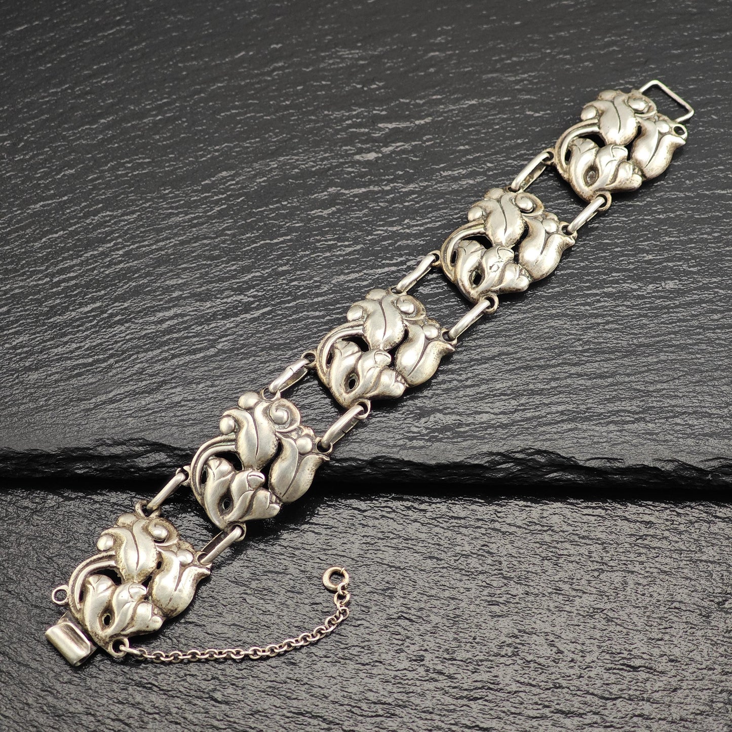 Vintage Art Nouveau Floral Link Bracelet Sterling Silver