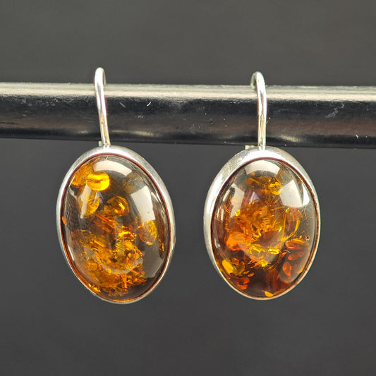 Vintage Brown Amber Oval, Fish Hook Earrings Sterling Silver
