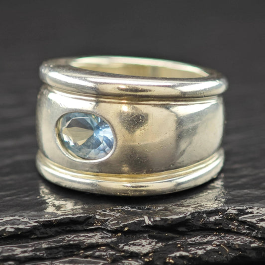 Sterling Silver Ring Wide Band with Blue Topaz Size 6 R6100