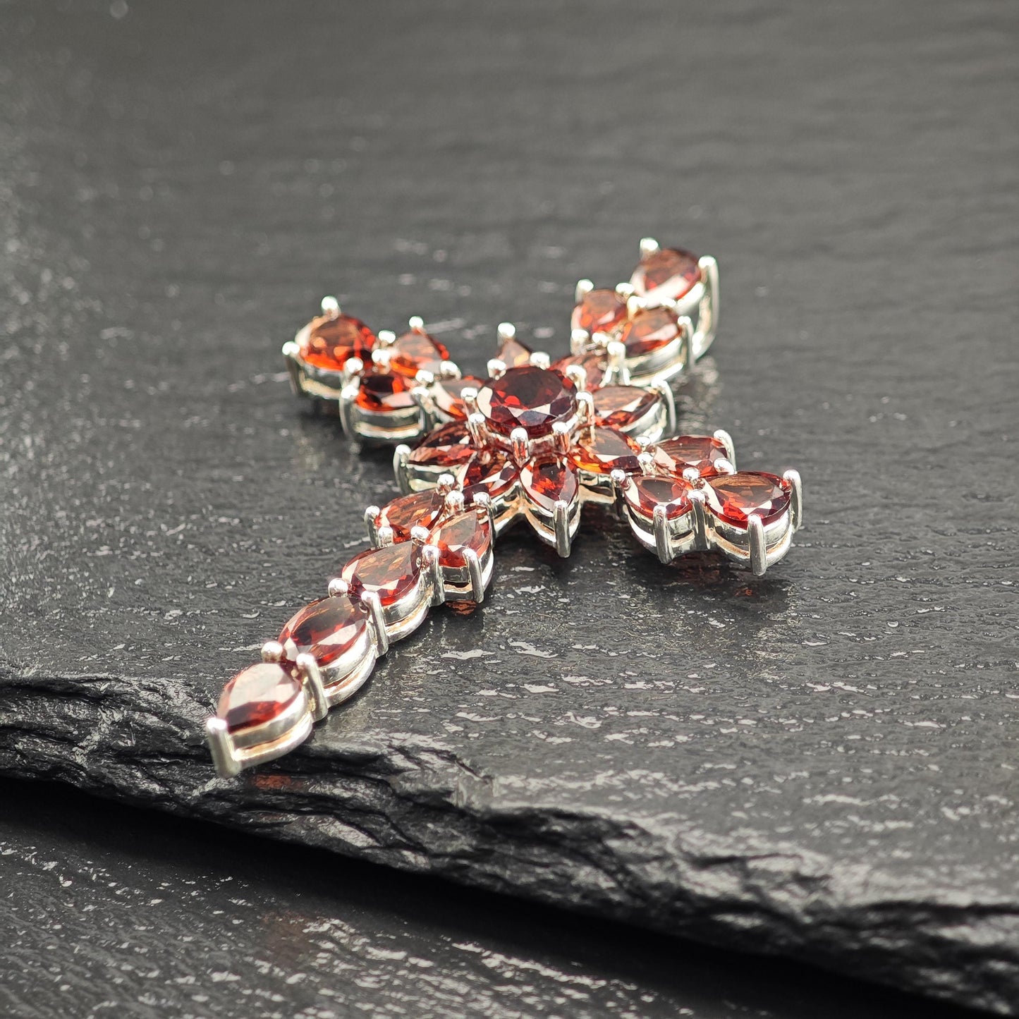 Vintage Garnet Cross Pendant Sterling Silver