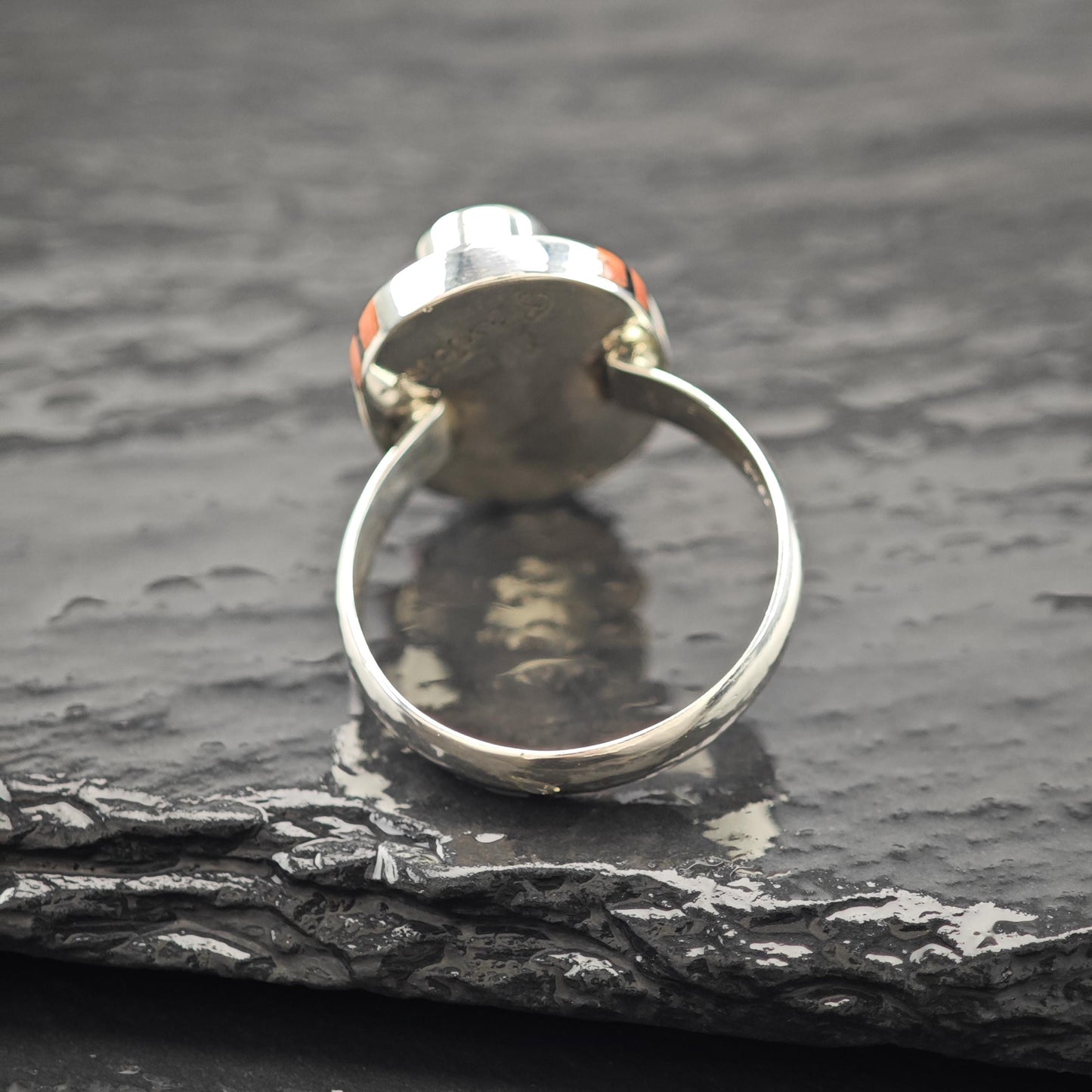 Native Opal, Coral Inlay Ring Sterling Silver Sz 9 1/2 R5952
