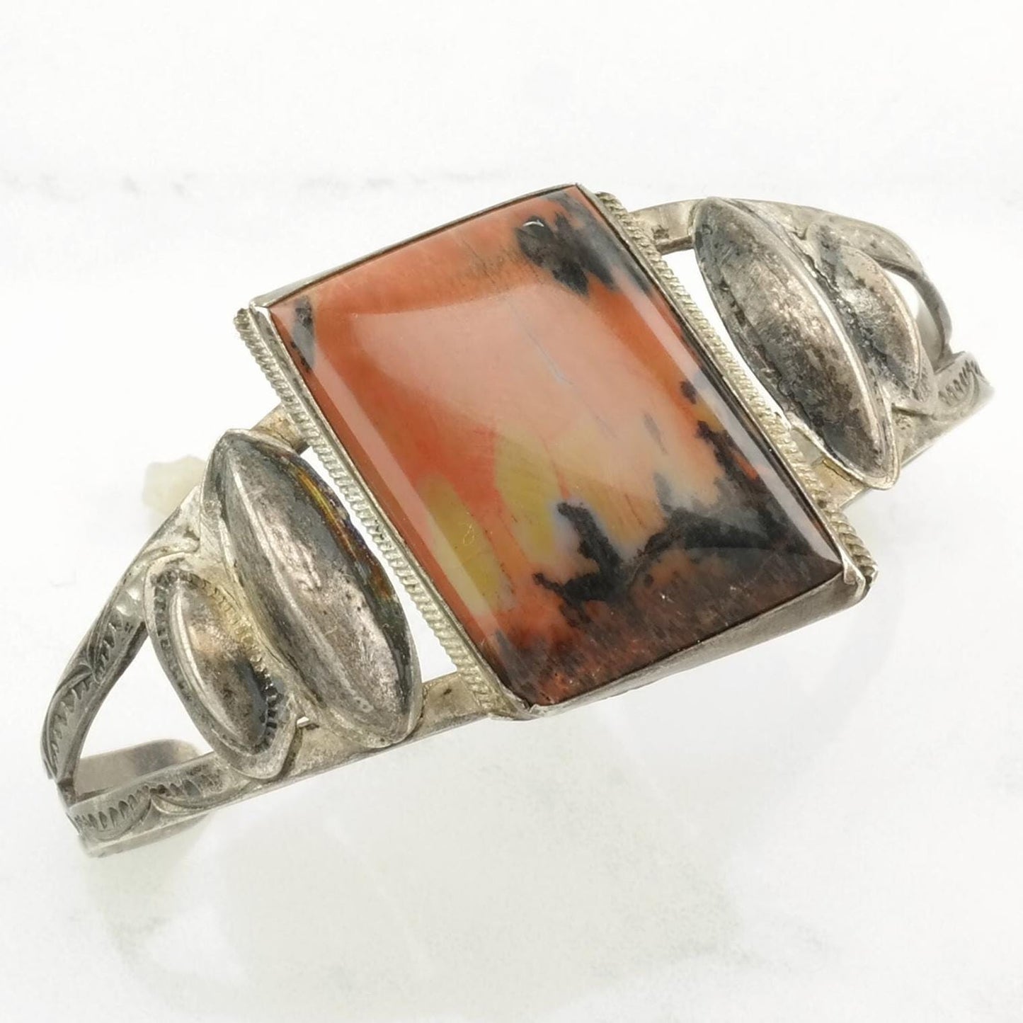 Fred Harvey Era Sterling Silver Cuff Bracelet Orange Petrified Wood