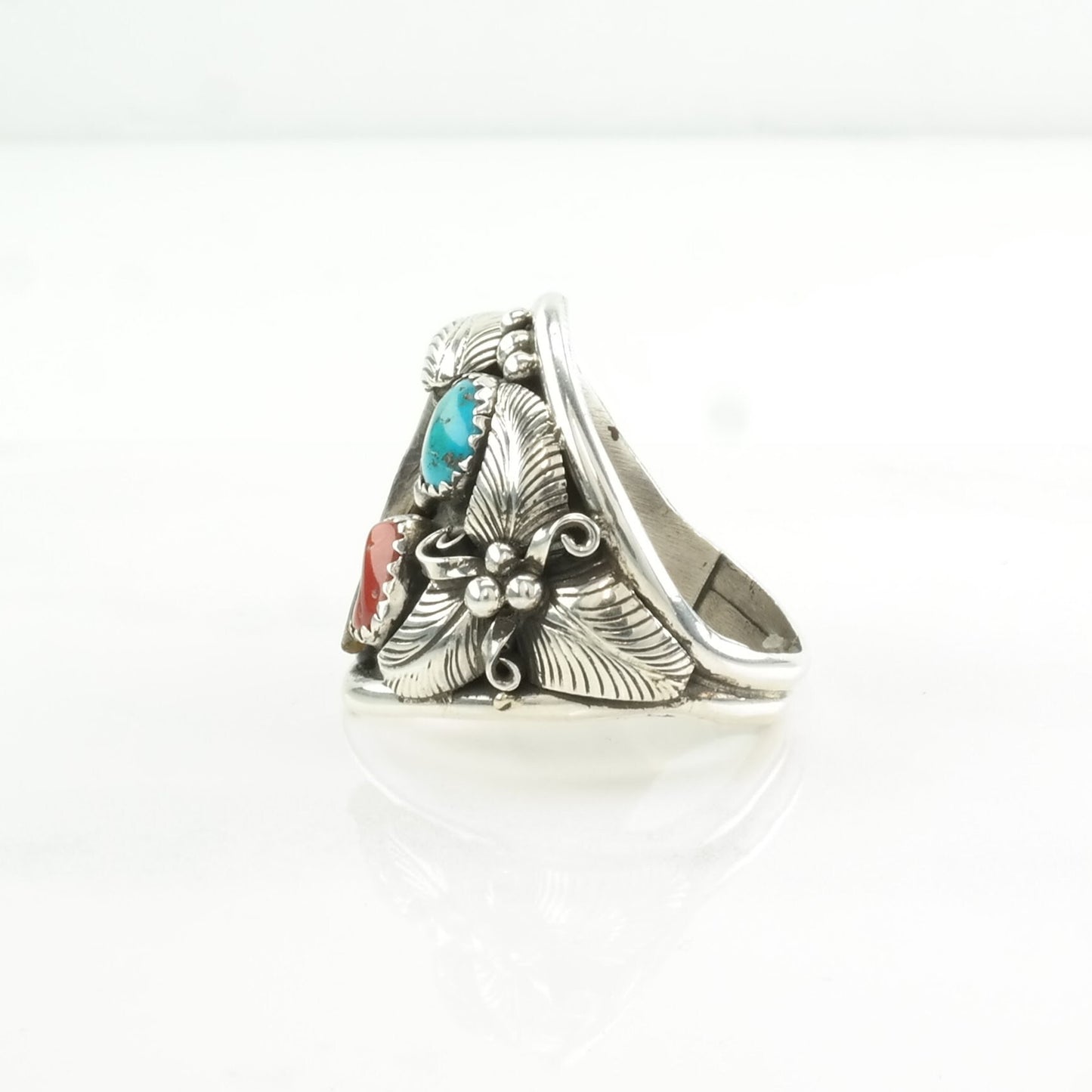 Native American Silver Ring Turquoise, Coral, Coyote Claw Leaf Sterling Blue, Red Size 12 1/2