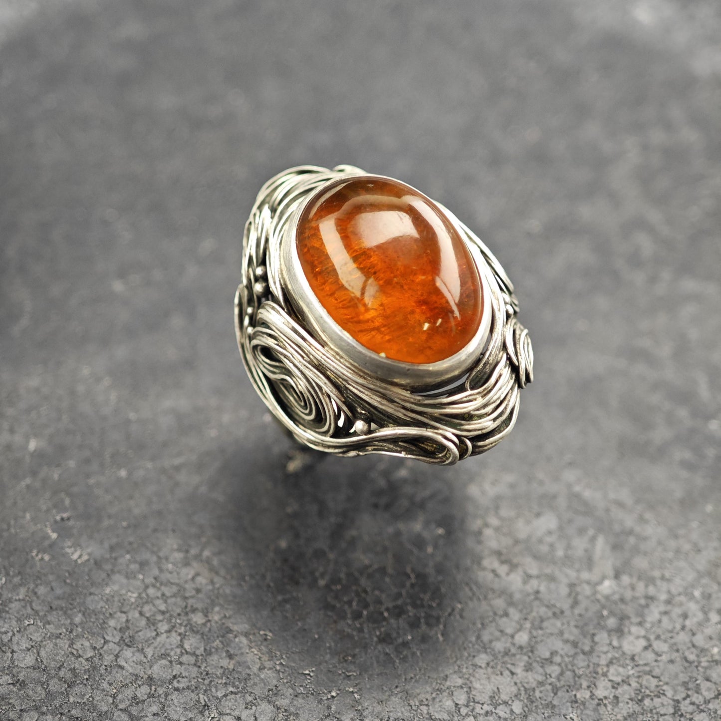 Oval Amber Wire Design Sterling Silver Ring Sz 7 R6589