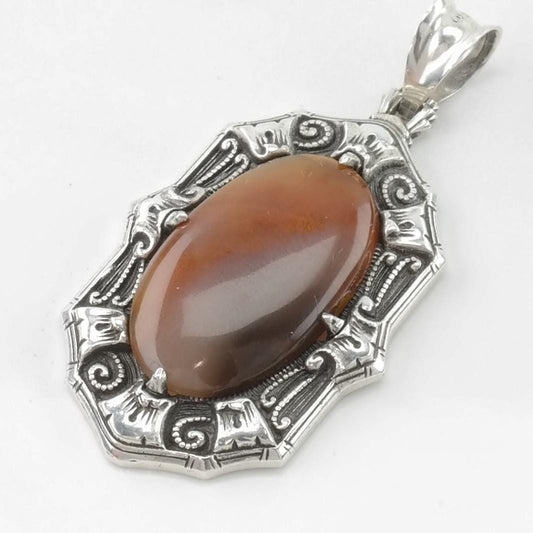 Vintage Art Deco Agate Scroll Sterling Silver Pendant