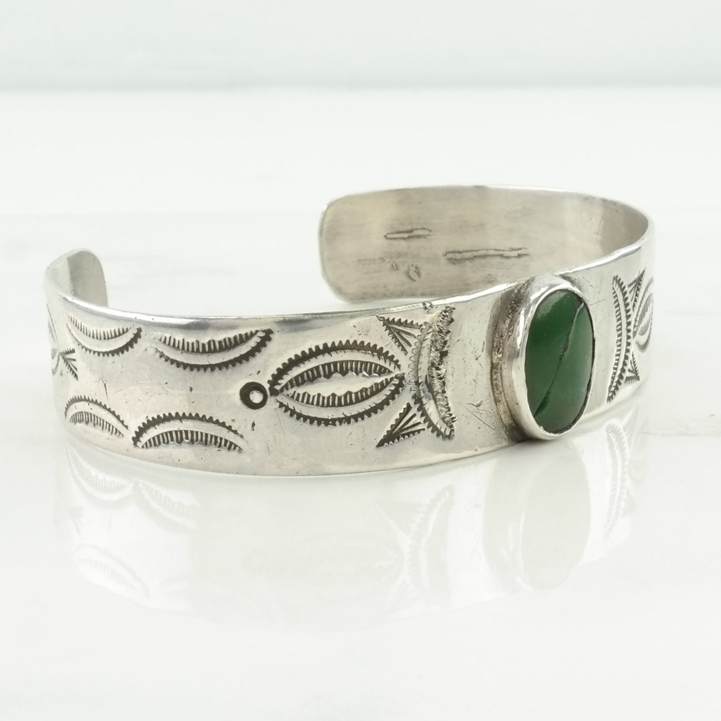 Early, Native American Sterling Silver Cuff Bracelet Olive Green Turquoise Stamped