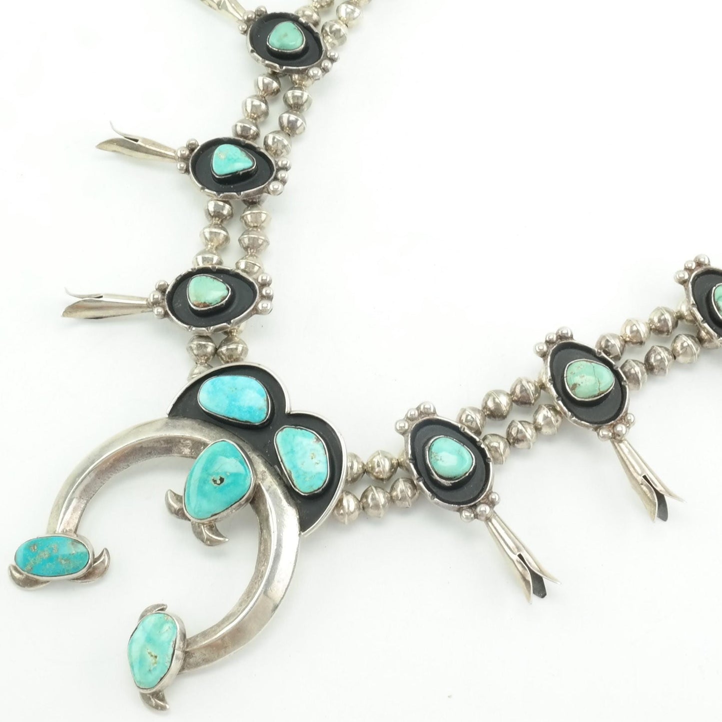 Vintage Squash Blossom Sterling Silver Turquoise Shadowbox Squash Blossom Necklace