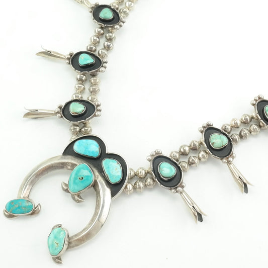 Vintage Squash Blossom Sterling Silver Turquoise Shadowbox Squash Blossom Necklace