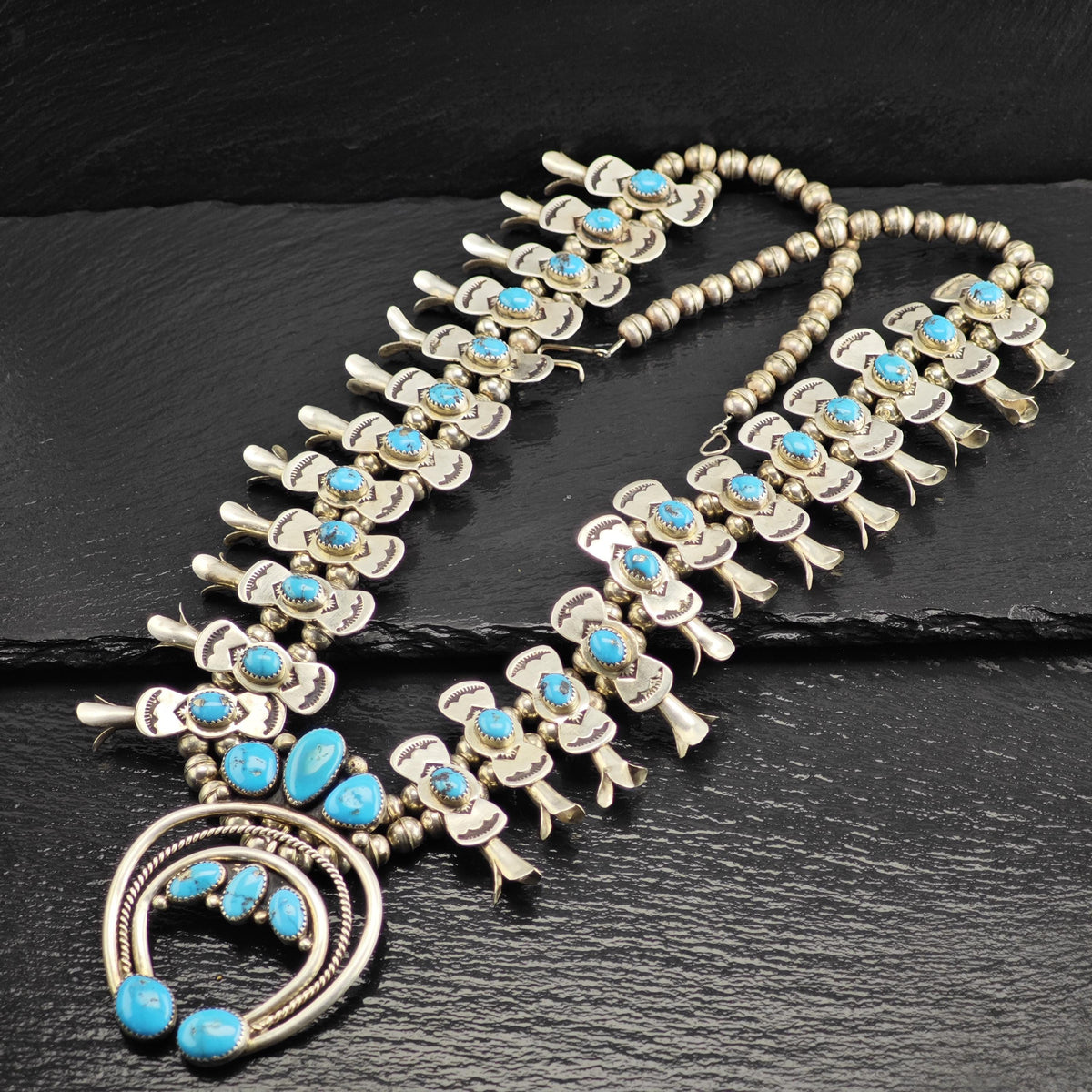 Vintage Navajo, Native American Turquoise Sterling Silver Squash Blossom Necklace N2766