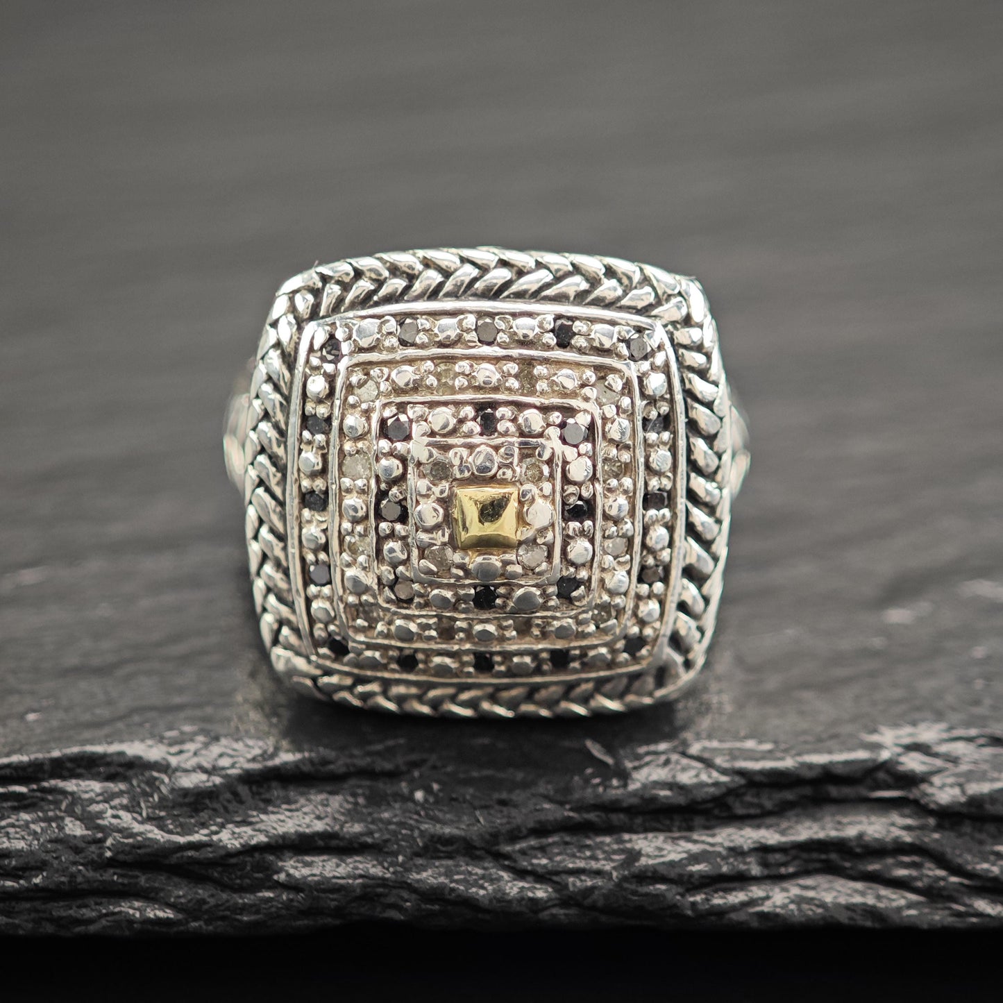 Ring Sterling Silver Squared Dome Black And White Diamond 14K Gold Accent R5843