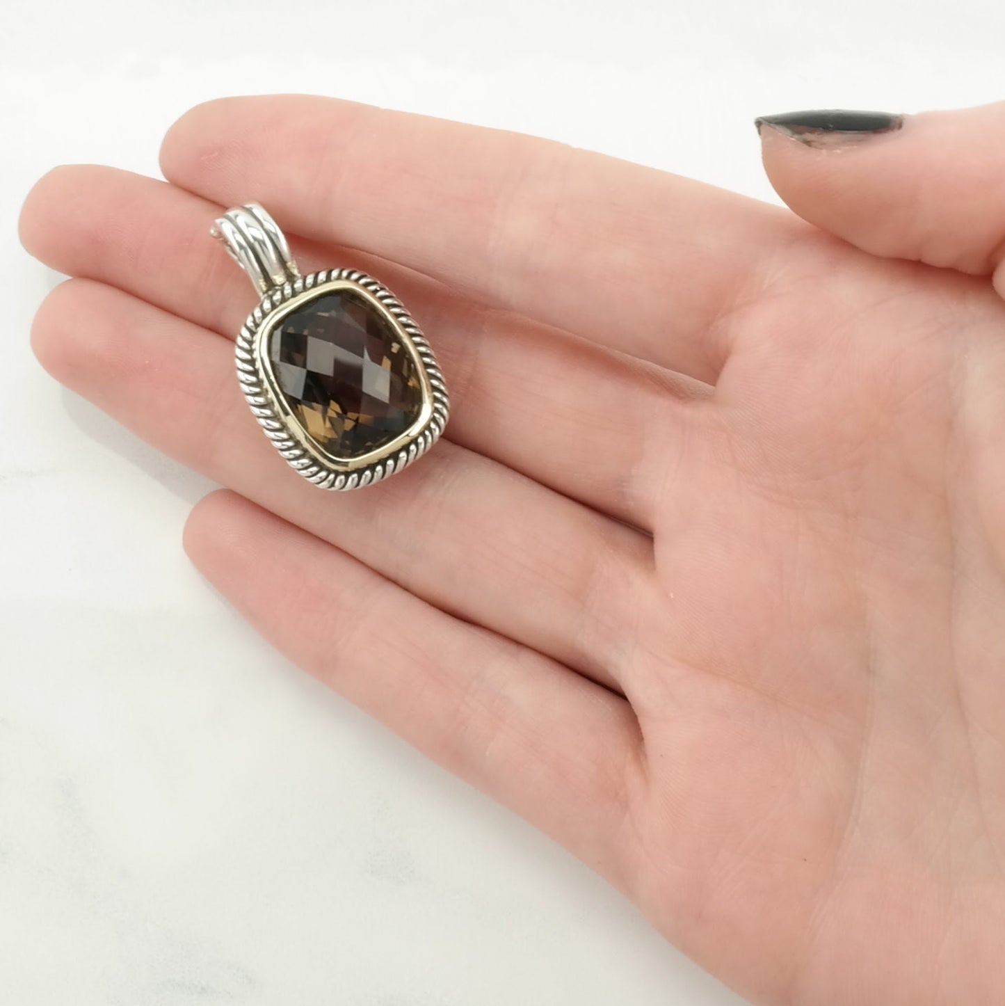 Vintage Smoky Quartz Gold Bezel Sterling Silver Pendant