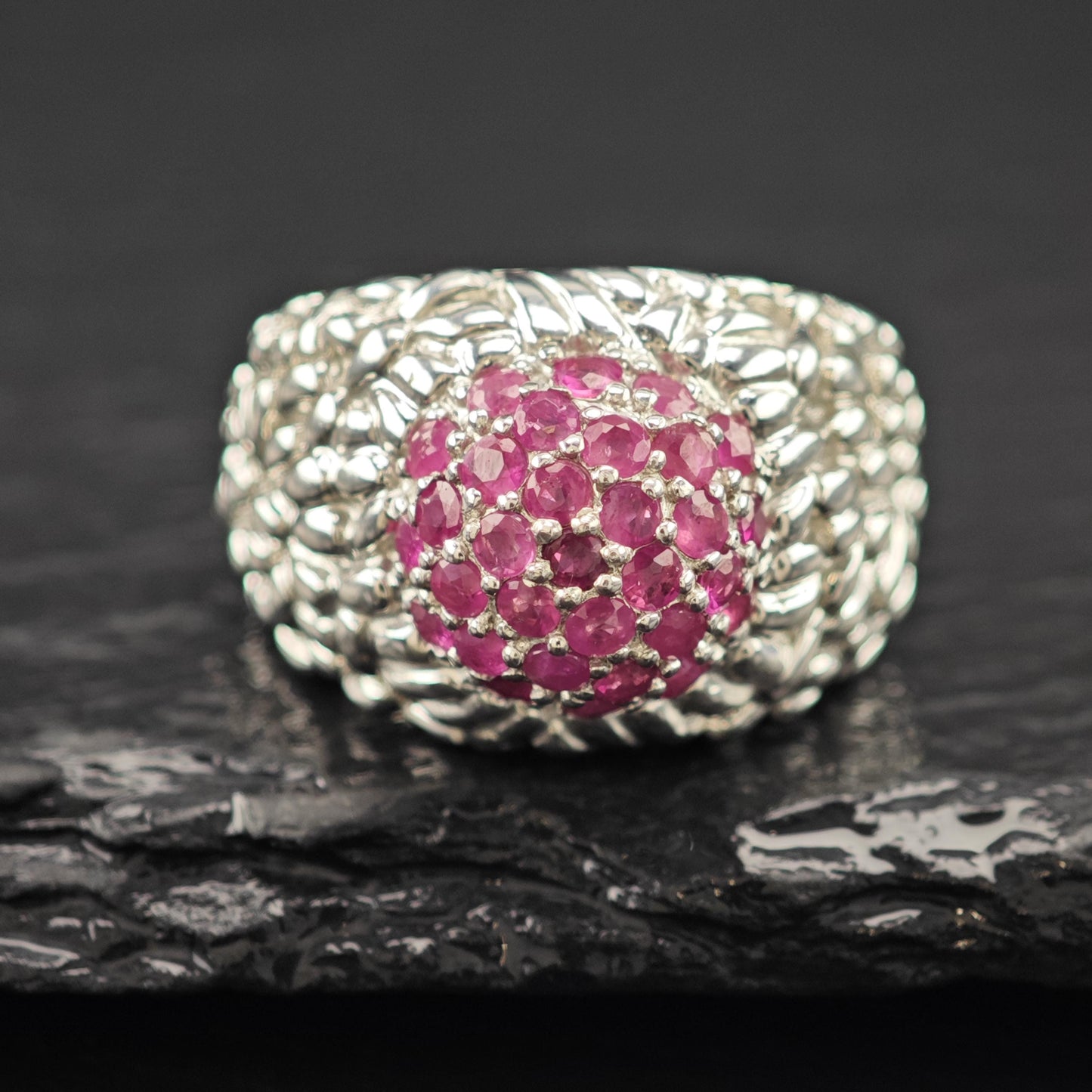 Ruby Cluster Dome Ring Sterling Silver Sz 7 1/4 R6132