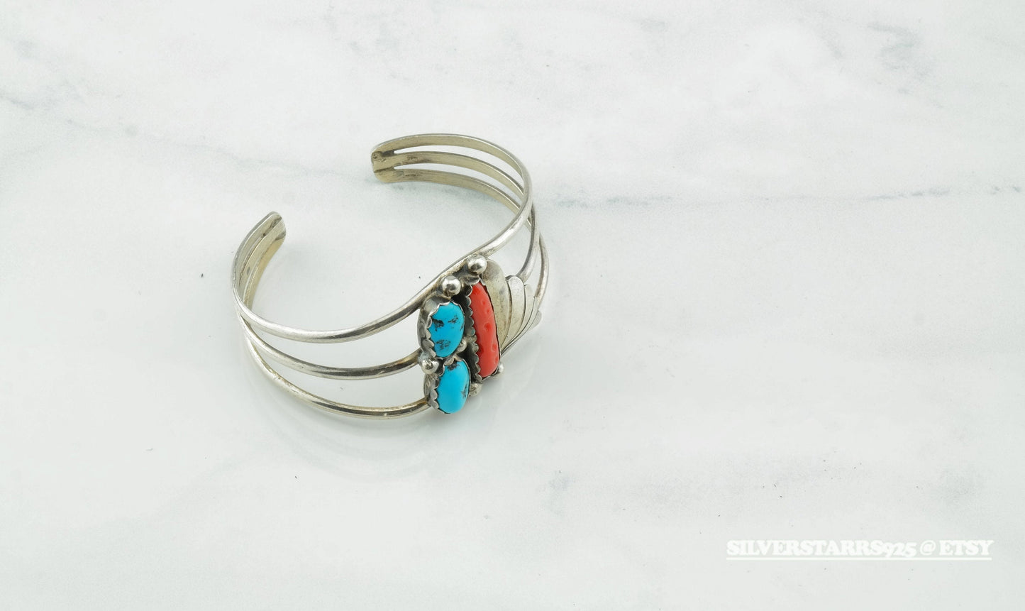 Classic Navajo Coral Turquoise Sterling Silver Cuff Bracelet Blue Red Native American