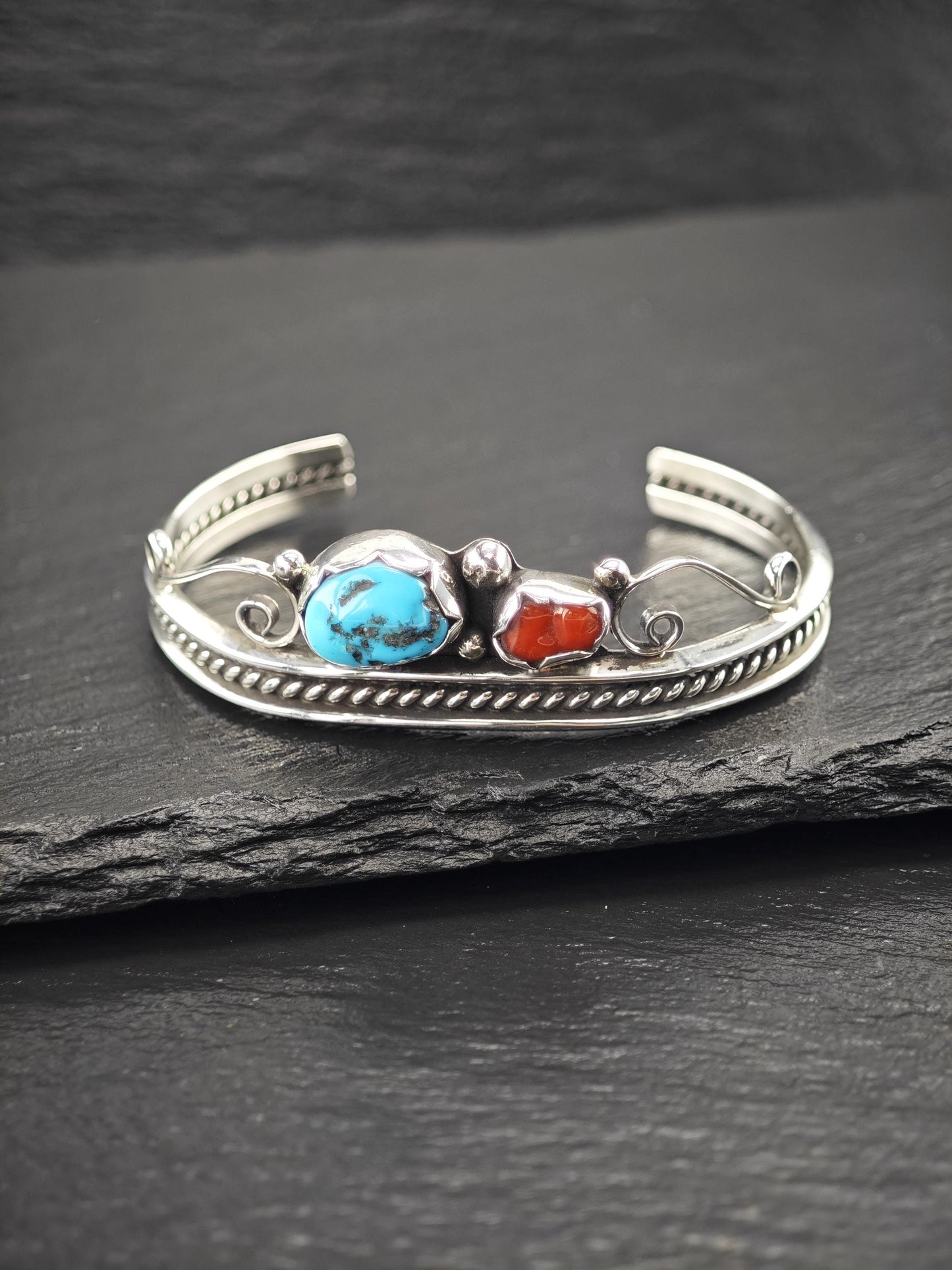 Navajo, Native American Turquoise, Coral Cuff Bracelet Sterling Silver