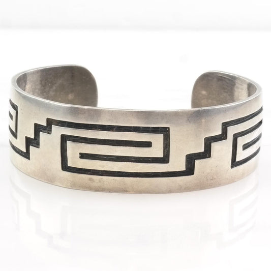 Important Overlay Hopi Cuff Bracelet , Native American Sterling Silver by Weaver Selina