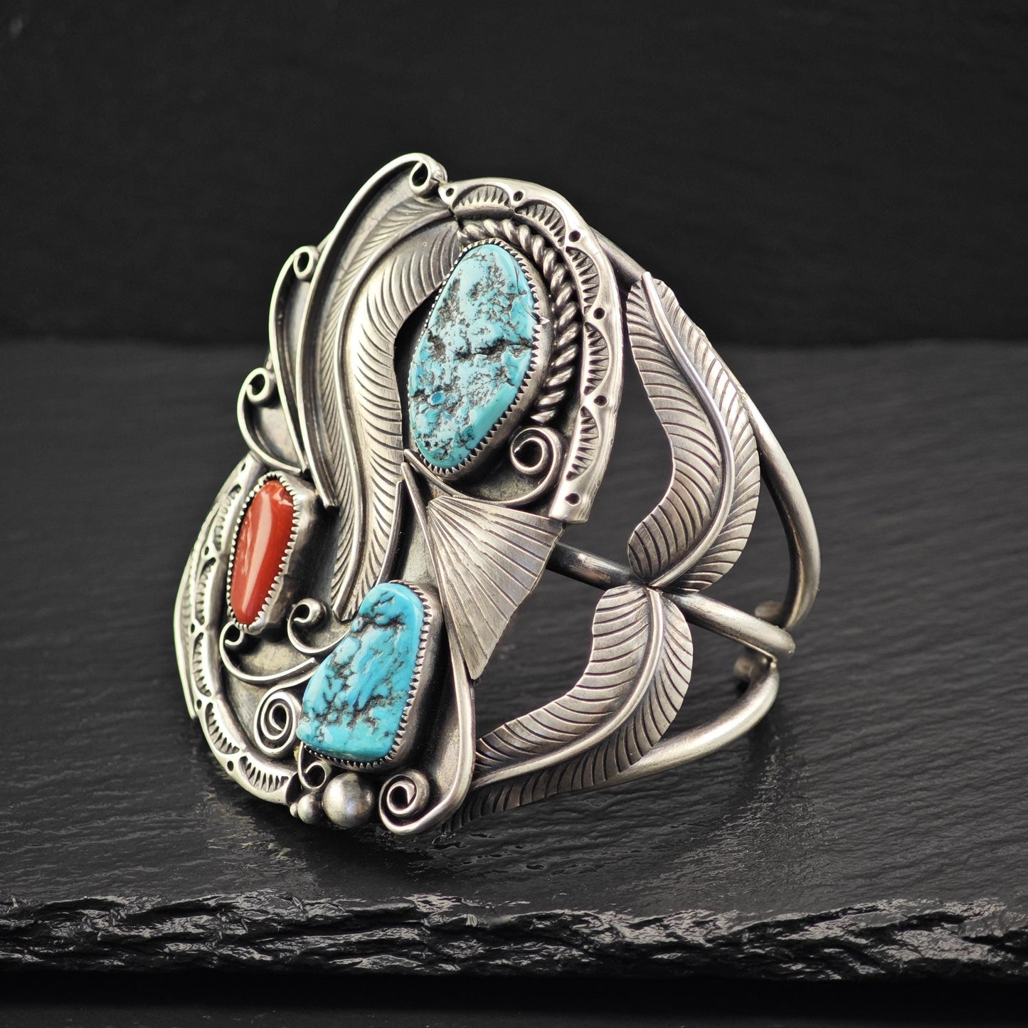 Large Turquoise Coral Cuff Bracelet Native American Sterling Silver
