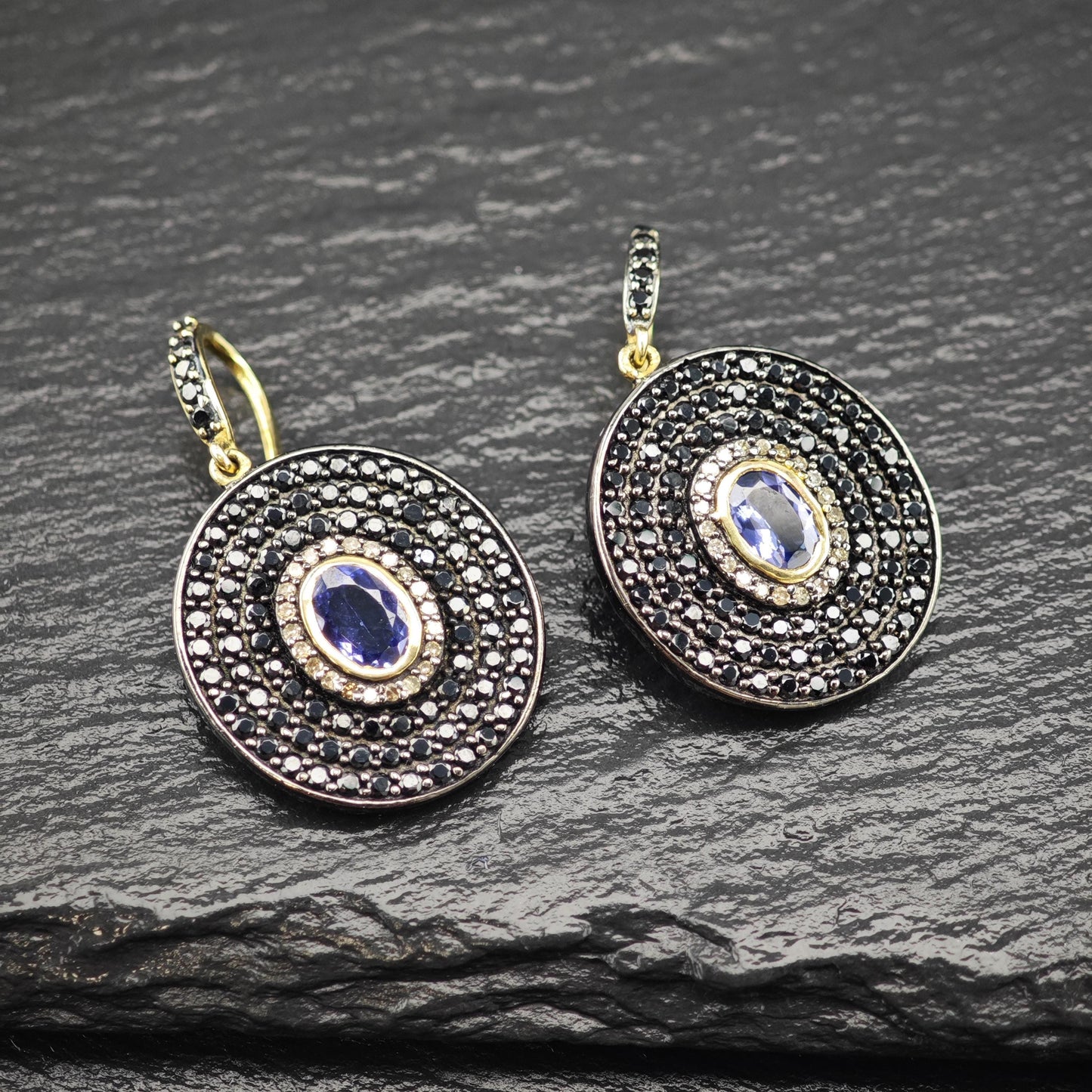 MLD Black, blue, Gold Tanzanite, Diamond, Spinel Pave Sterling Silver Dangle Earrings