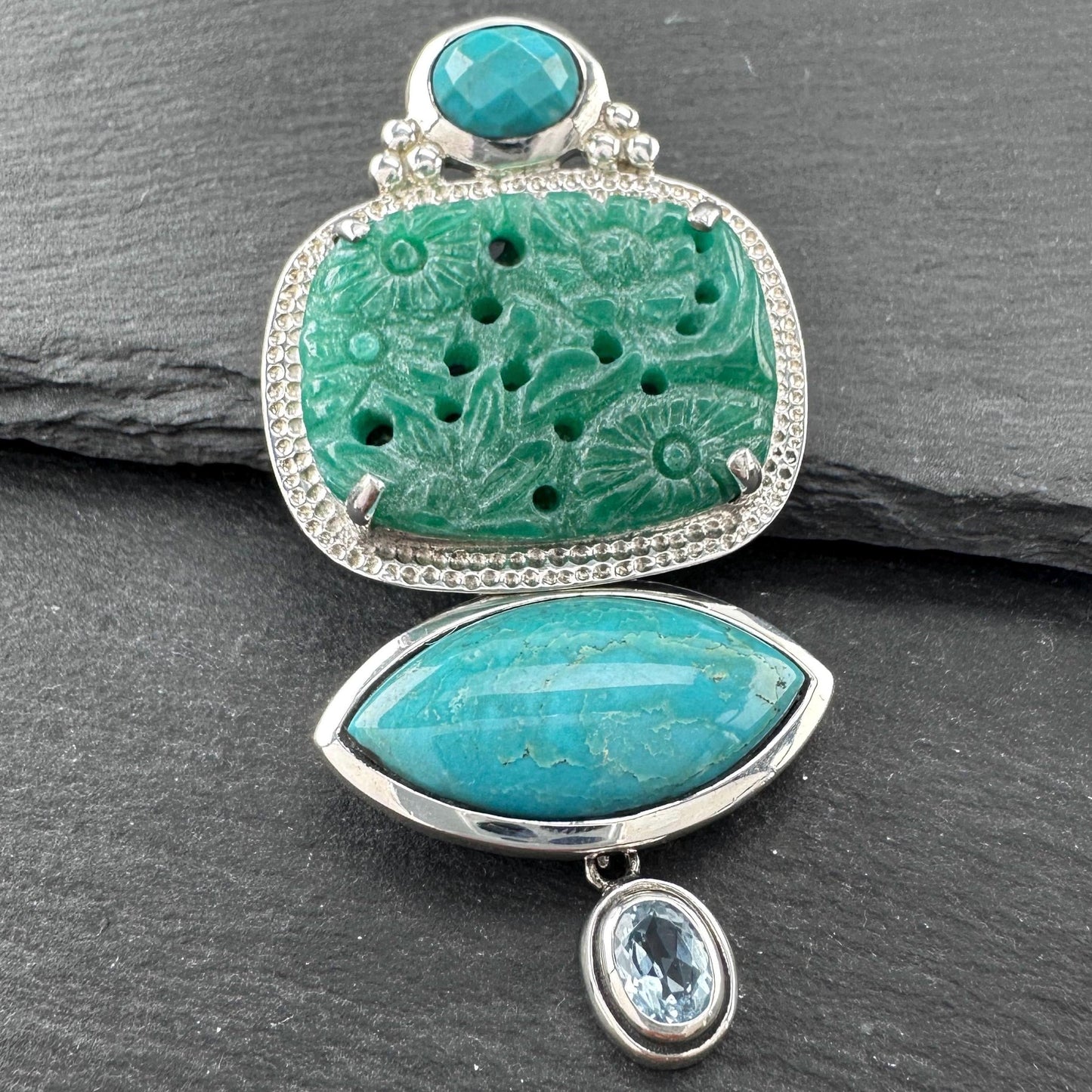 AKR Pendant Turquoise Carved Jade Quartzite Brooch Sterling Silver