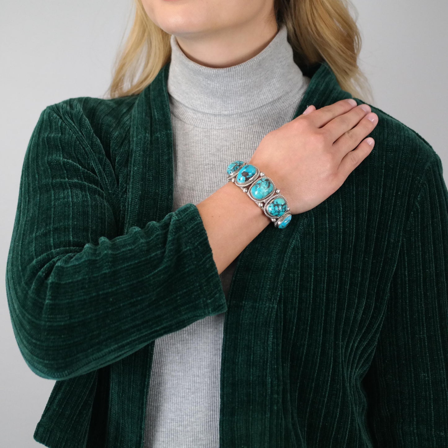 Vintage SW Six Spiderweb Turquoise Row Cuff Bracelet Sterling Silver Sz 6 1/2"