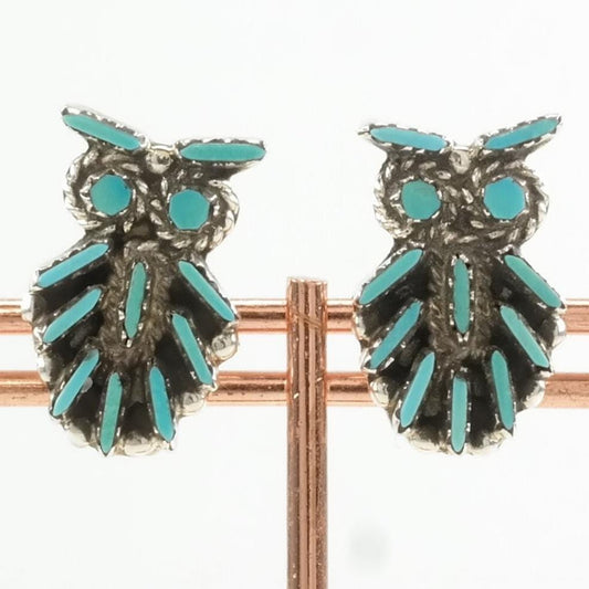 Vintage Sterling Silver Clip on Earrings Native American Blue Needle point Turquoise Owl