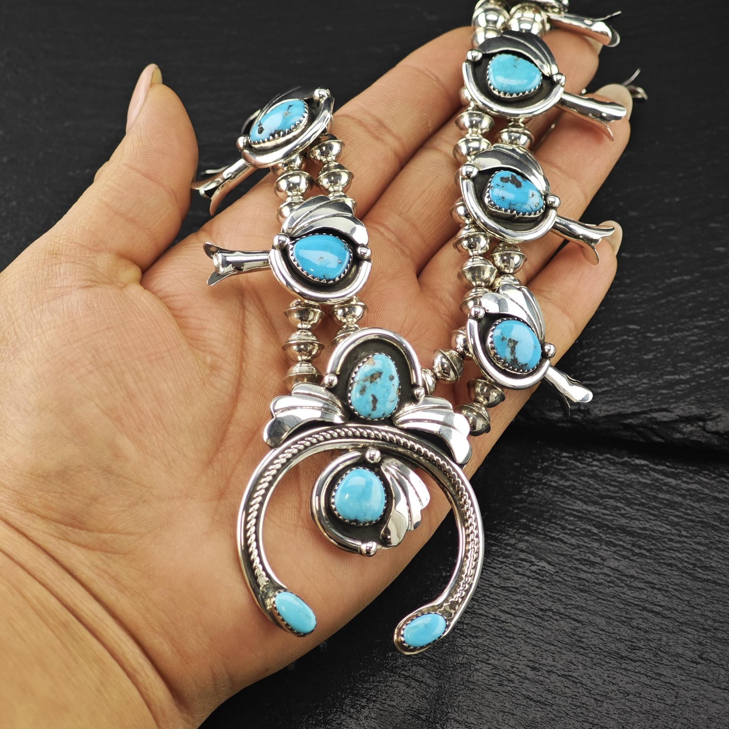 Vintage Native American Sterling Silver Blue Turquoise Squash Blossom Necklace