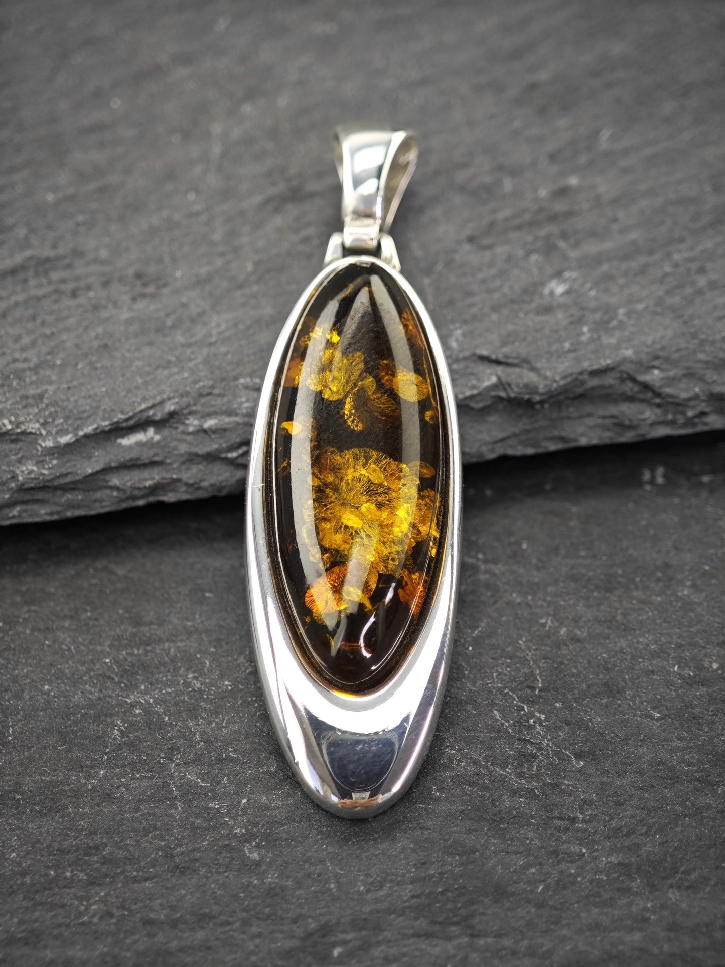 Vintage Modernist Amber Pendant, Poland Sterling Silver