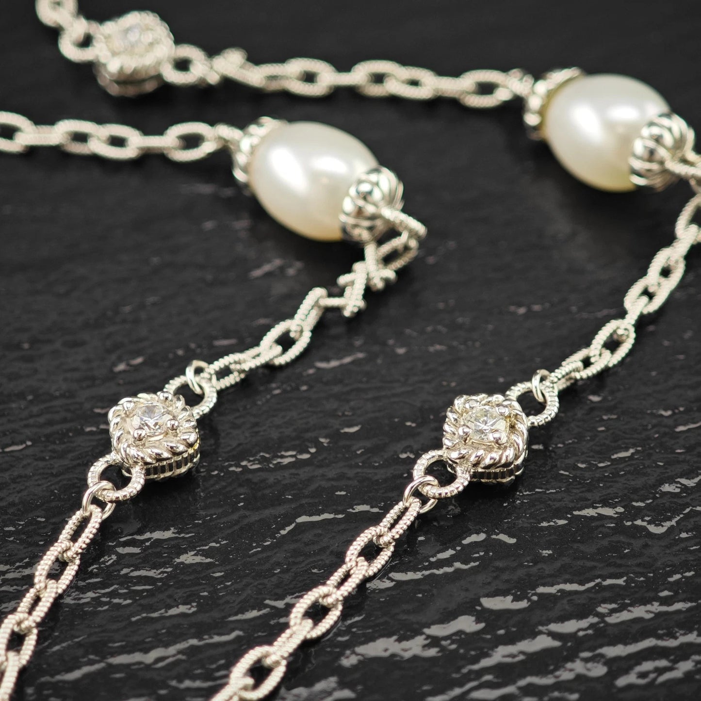 Judith Ripka Sterling Silver White Pearl CZ Choker Necklace 18" N2642