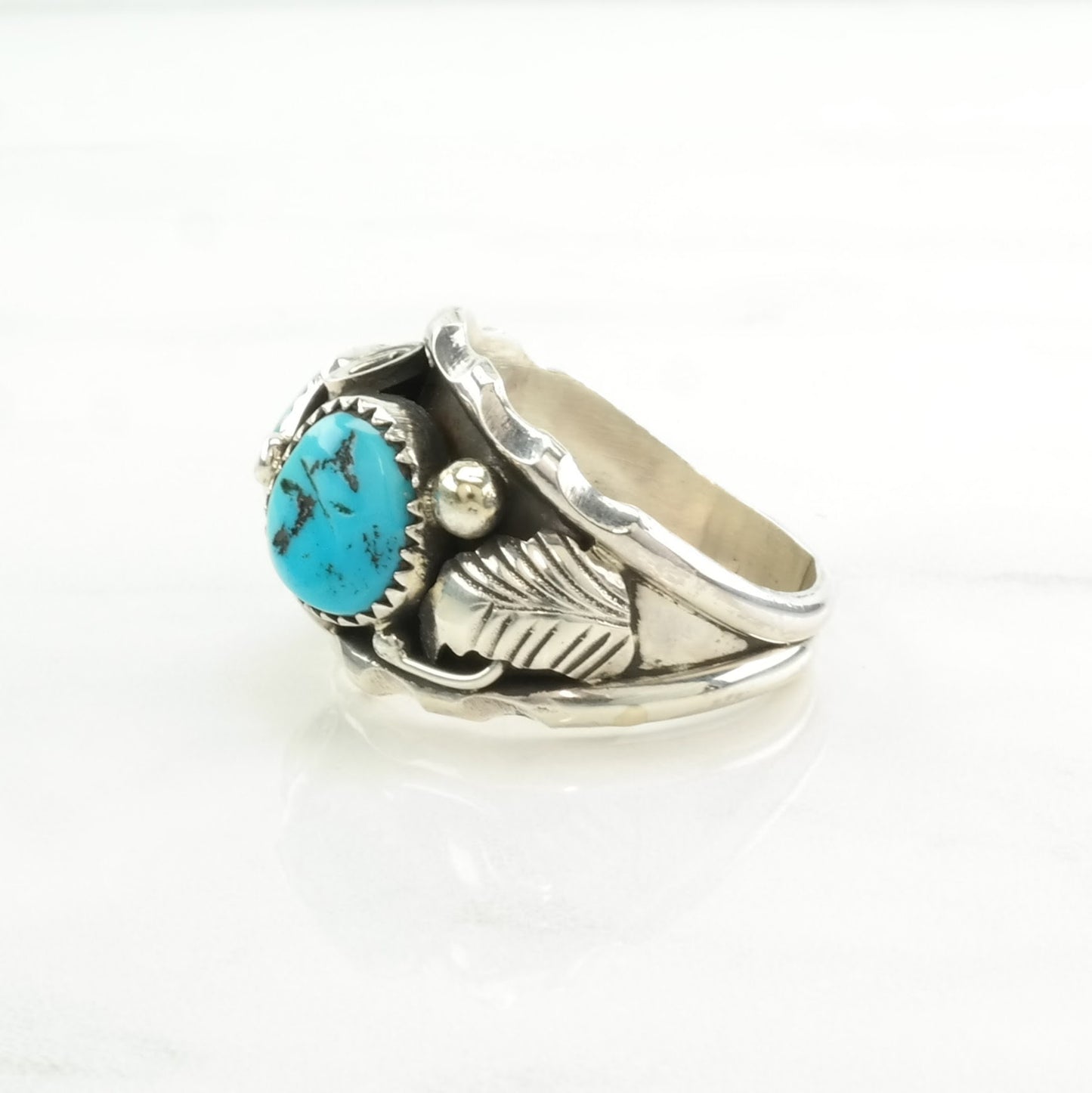 Native American Silver Ring Turquoise Leaf Sterling Blue Size 12 3/4