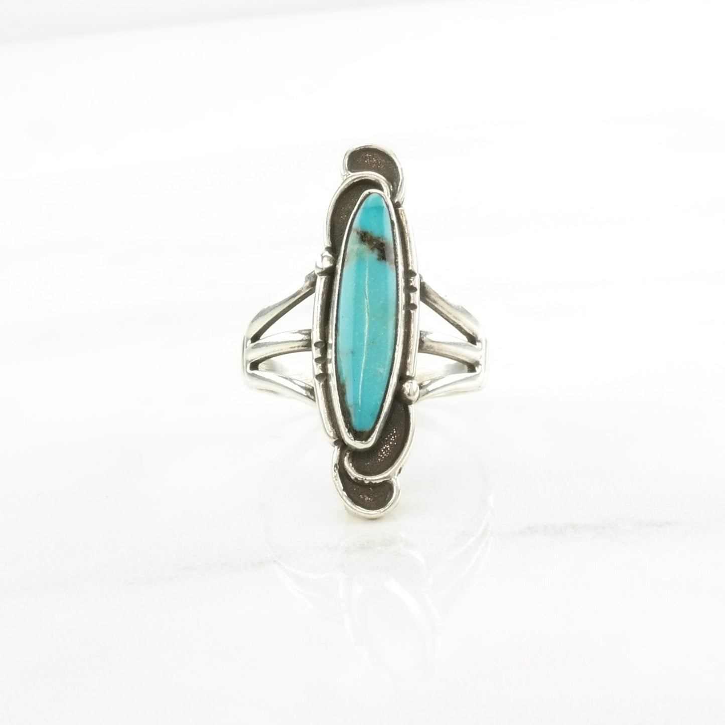 Sterling Silver Ring Turquoise Navette Blue Size 8 1/4