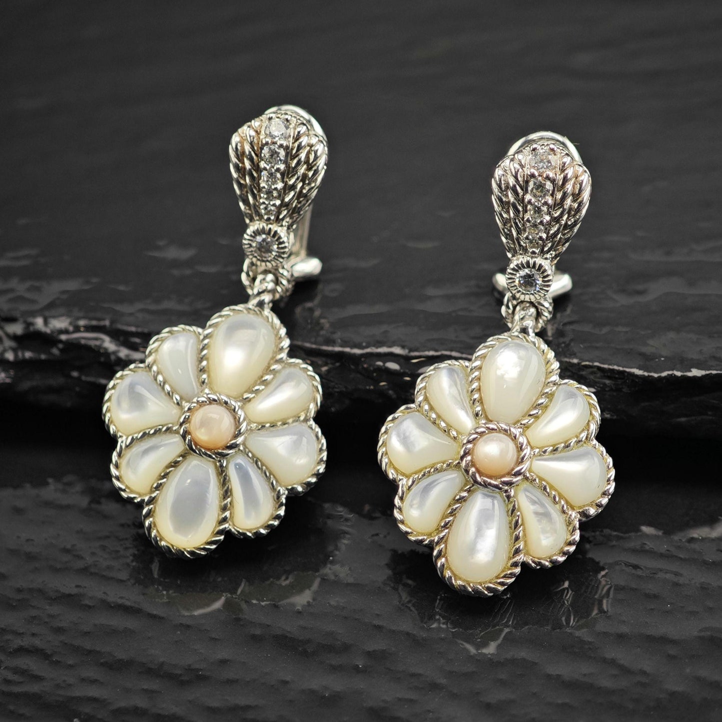 Vintage Judith Ripka Mother of Pearl, CZ Omega Back Sterling Silver Earrings ER3192