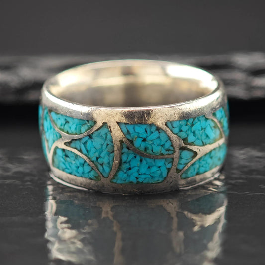 Southwestern Turquoise Inlay Ring Sterling Silver Sz 10