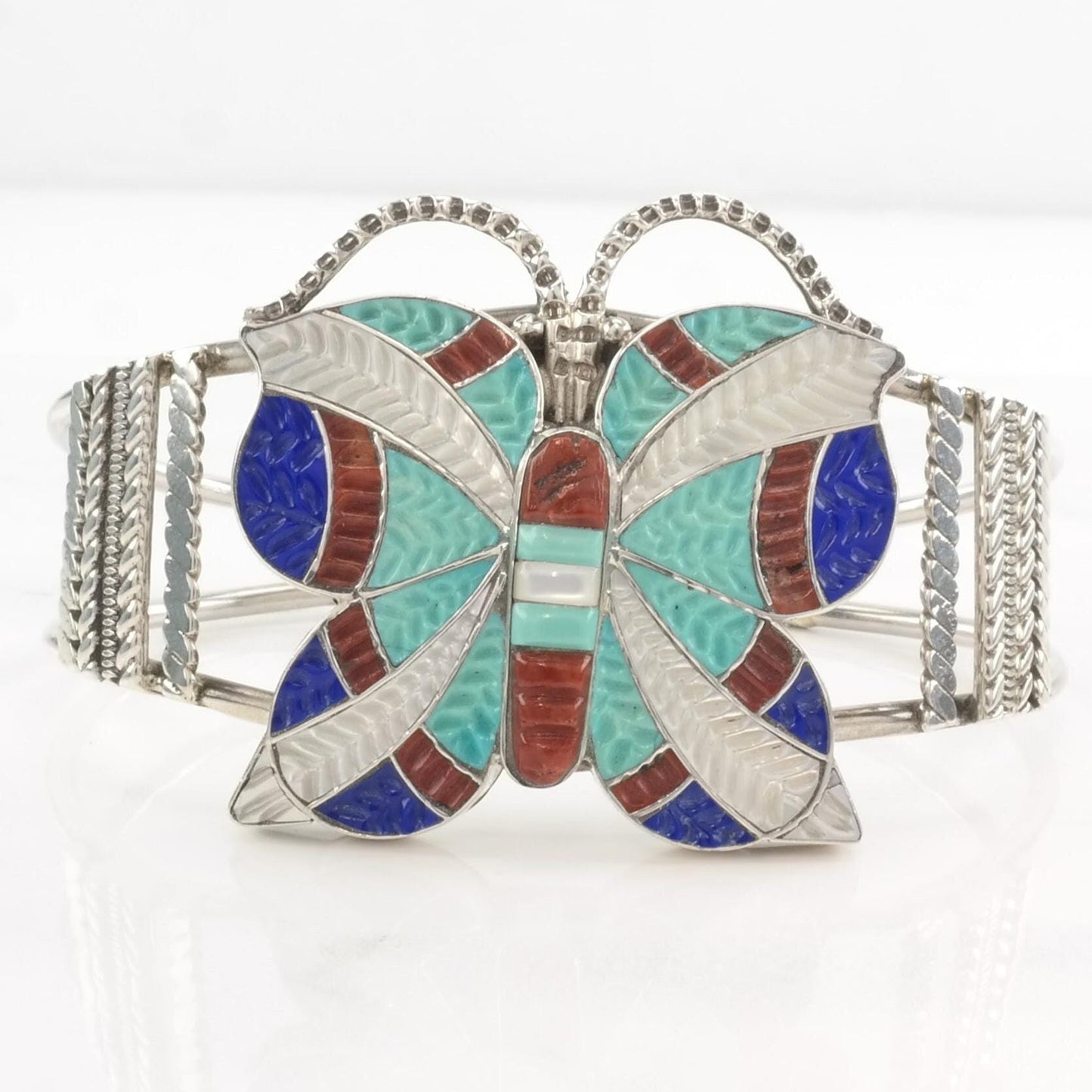 Vintage Zuni Inlay Butterfly Cuff Bracelet Native American Sterling Silver Carved Turquoise